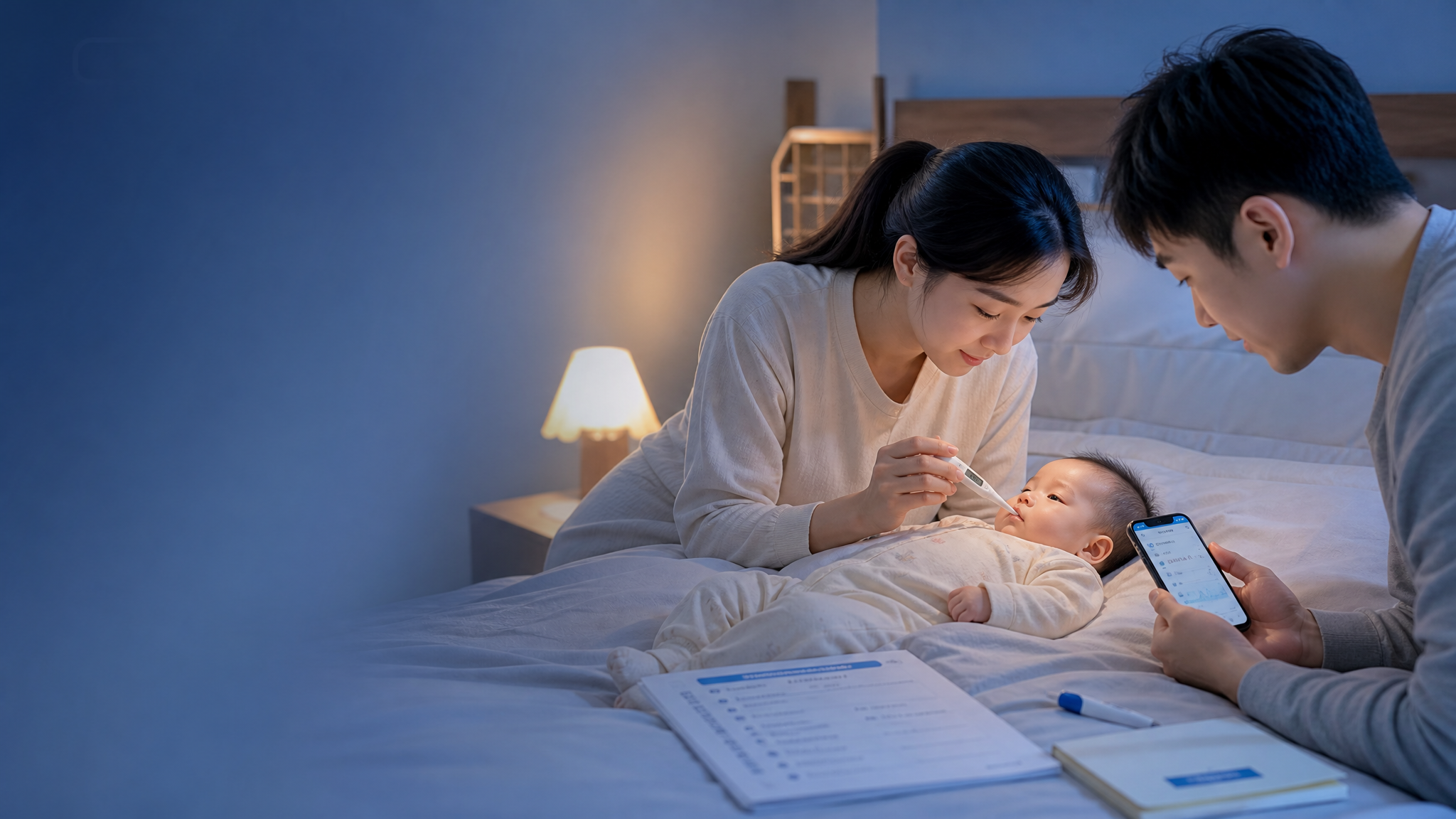 中国年轻父母在夜晚的卧室里照看4-6个月中国婴儿，妈妈用电子体温计给宝宝测温，爸爸在床边用手机记录体