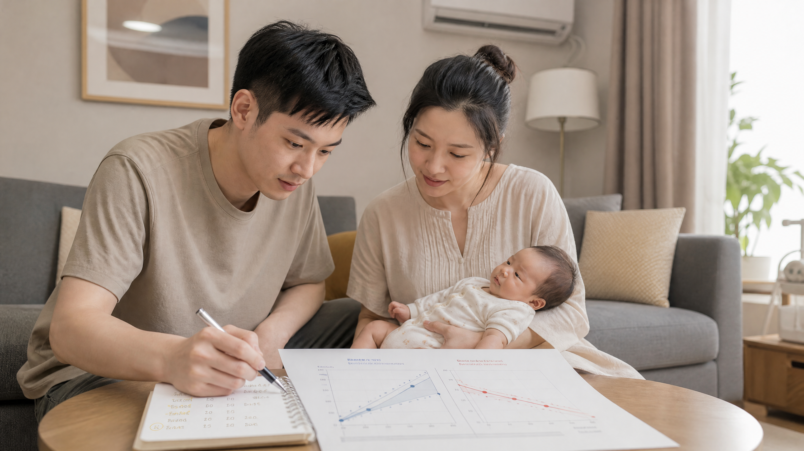 中国年轻妈妈和年轻爸爸在家中客厅的茶几旁查看婴儿体检记录，桌面上有简洁的WHO生长曲线对比信息图（平