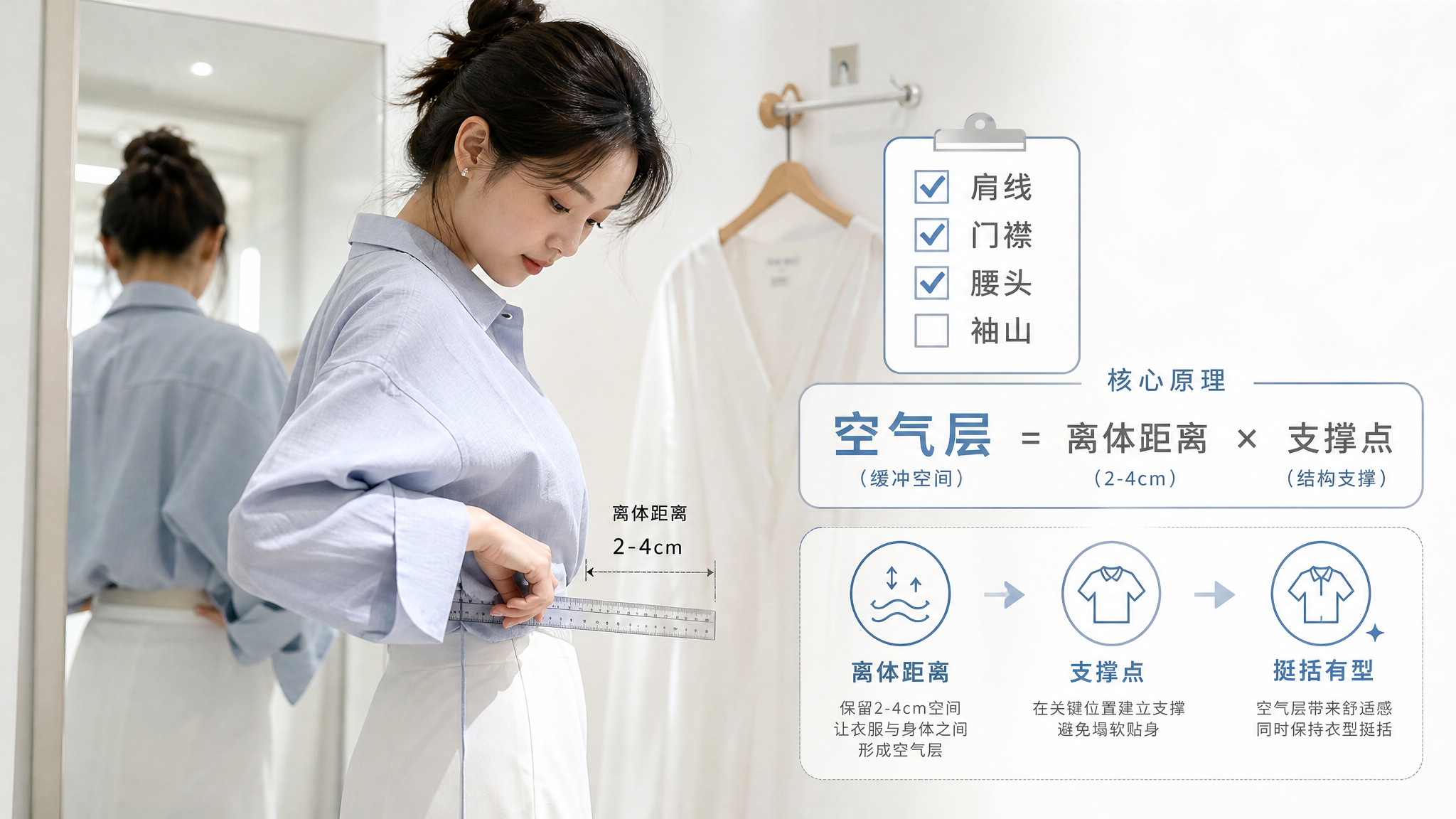 中国年轻女性在夏季室内明亮试衣间里对镜试穿，手持一把透明刻度尺在腰侧测量衣服与身体的离体距离（2-4