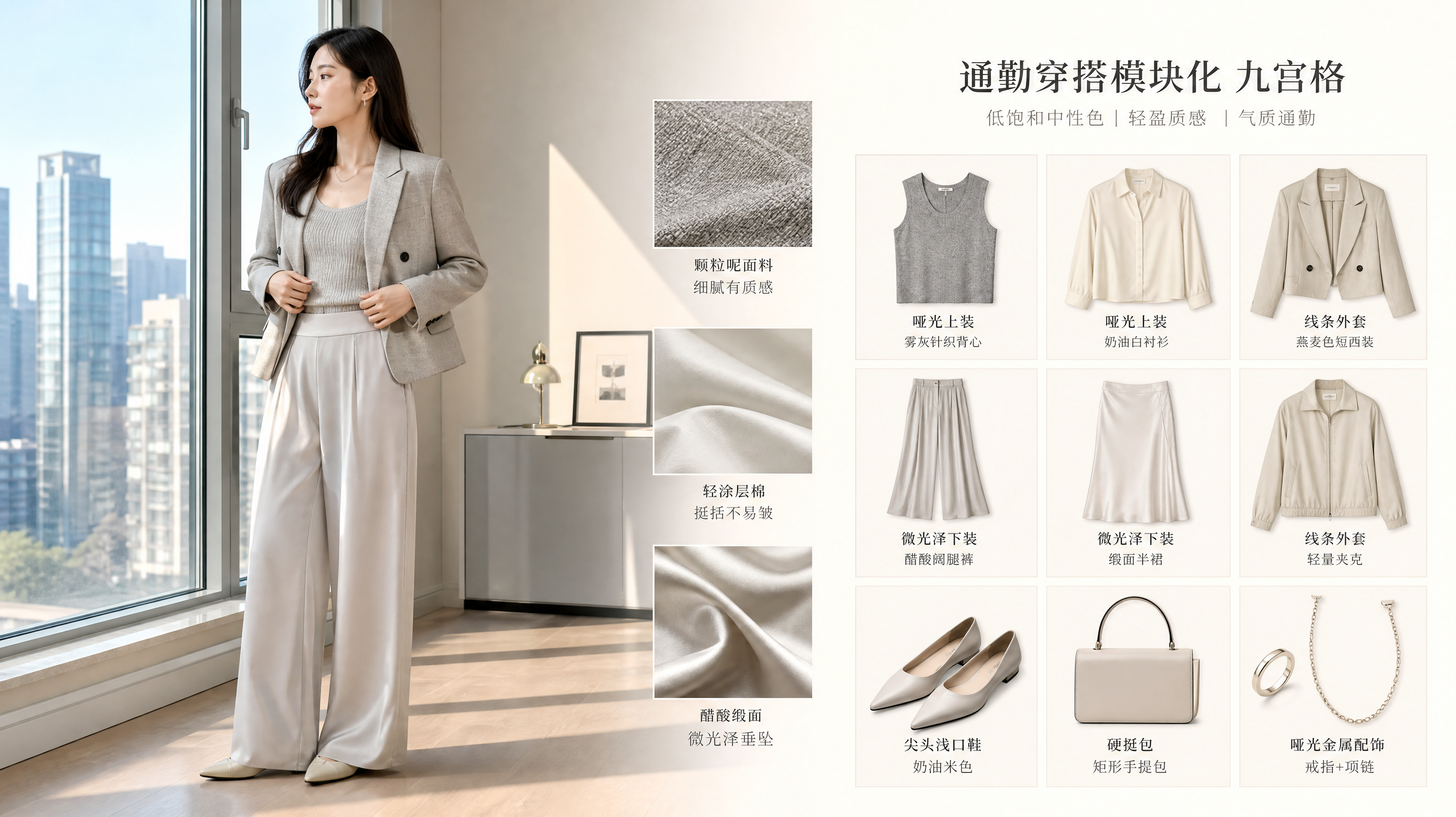 中国年轻女性在明亮的现代公寓内靠窗站立试穿通勤穿搭，人物正在整理短西装衣摆并轻微侧身展示造型，核心主
