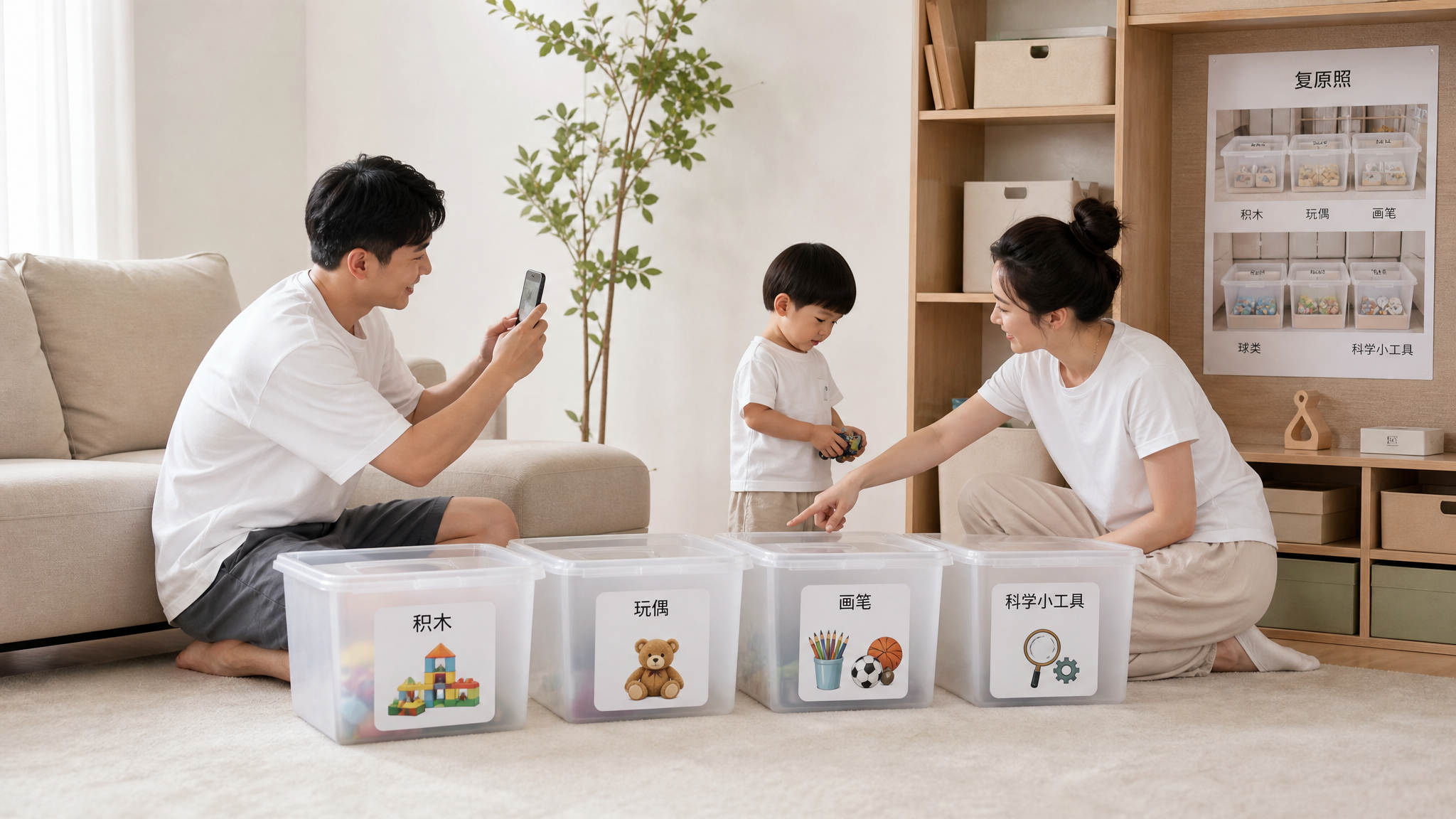 中国年轻父母在家庭客厅里和一位中国幼儿一起整理玩具收纳系统，地面铺着浅色地毯，五个半透明收纳箱整齐排