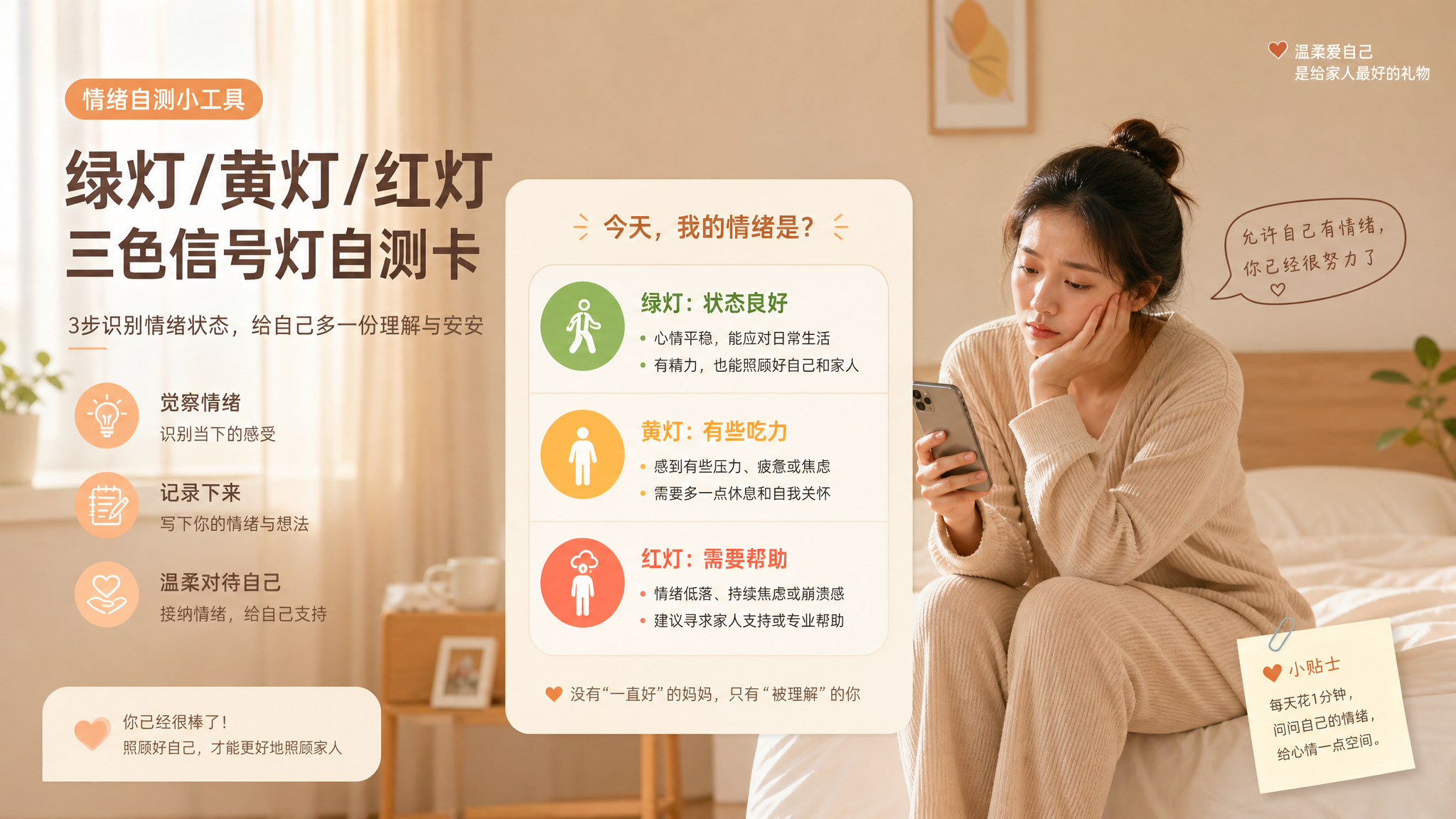 温暖治愈风信息图海报场景，画面中心是“绿灯/黄灯/红灯”三色信号灯自测卡片与简洁文字列表，旁边有中国