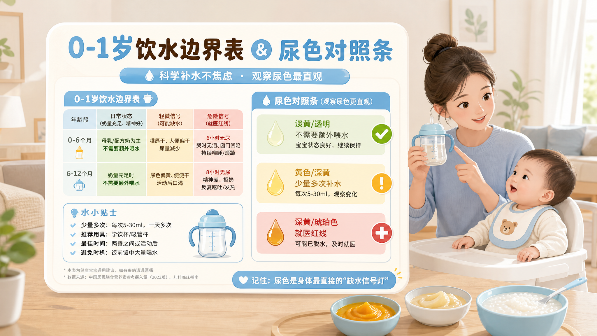 科普卡片风插画,画面中心是一张“0-1岁饮水边界表”和“尿色对照条”,用红黄绿三色标注区域(绿:不需