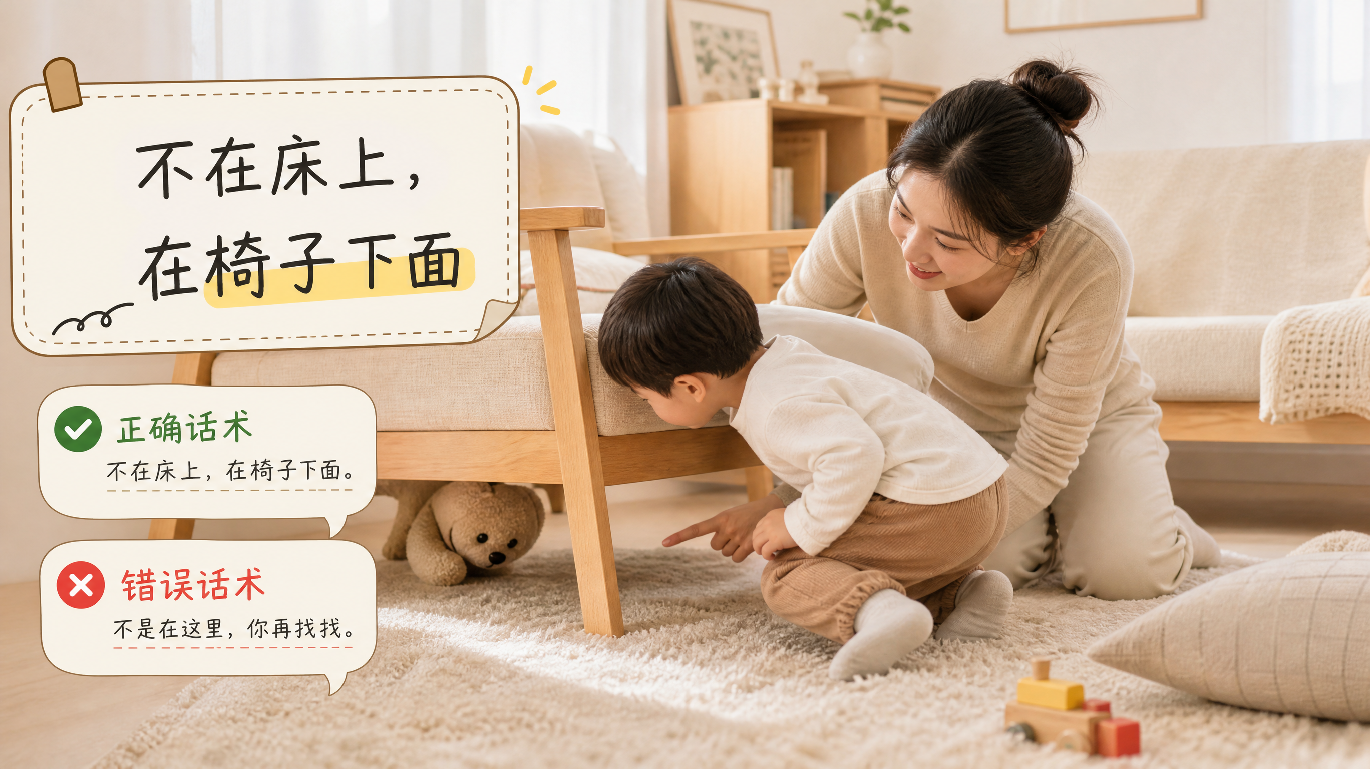 中国年轻妈妈和中国2岁幼儿在家庭客厅地毯上一起寻找毛绒小熊玩具,妈妈指向椅子下面,孩子弯腰探头寻找,