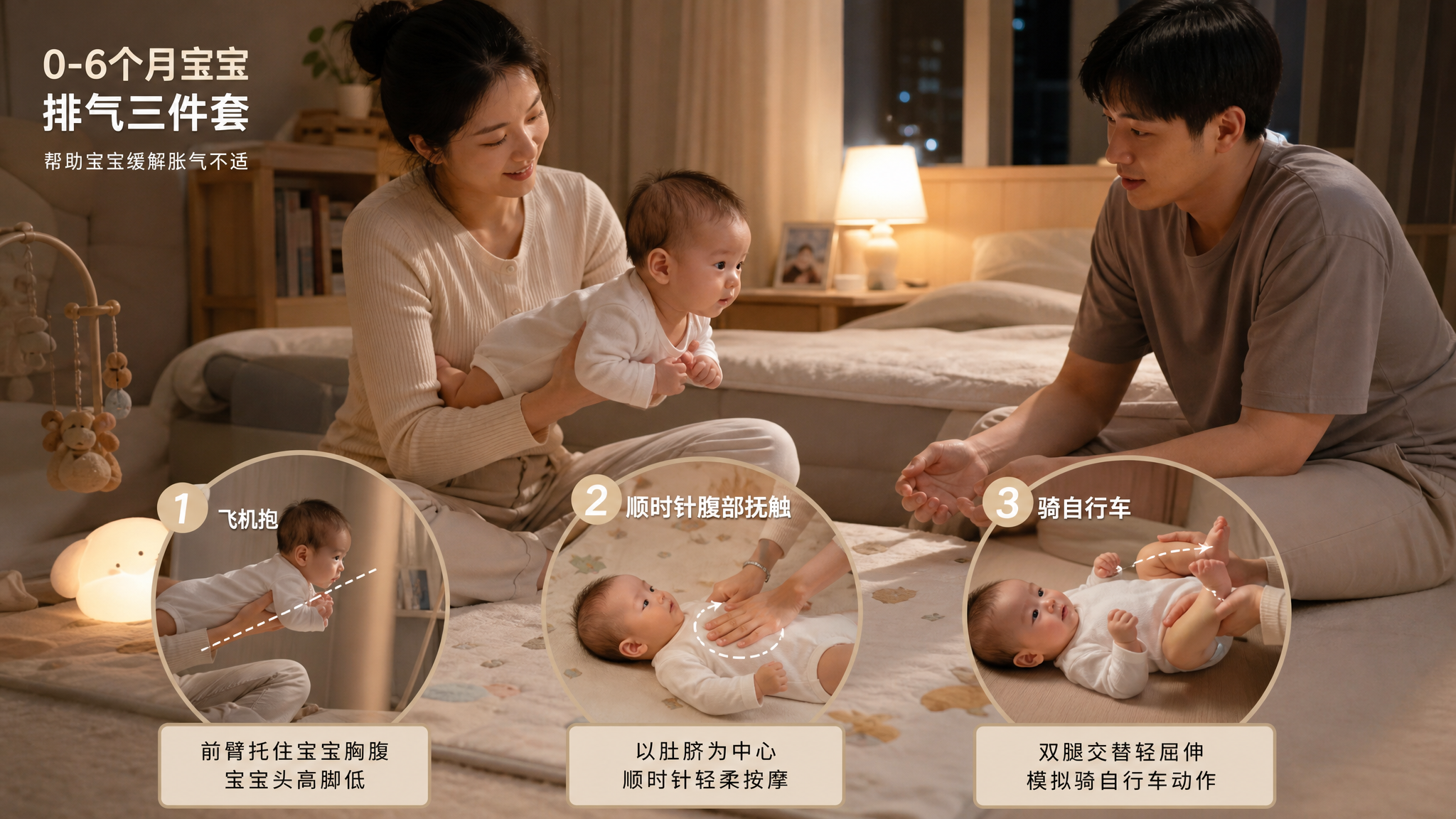 温暖色调的家庭卧室/客厅夜间场景,中国年轻妈妈在床边或地垫上为0-6个月中国宝宝做“排气三件套”示范