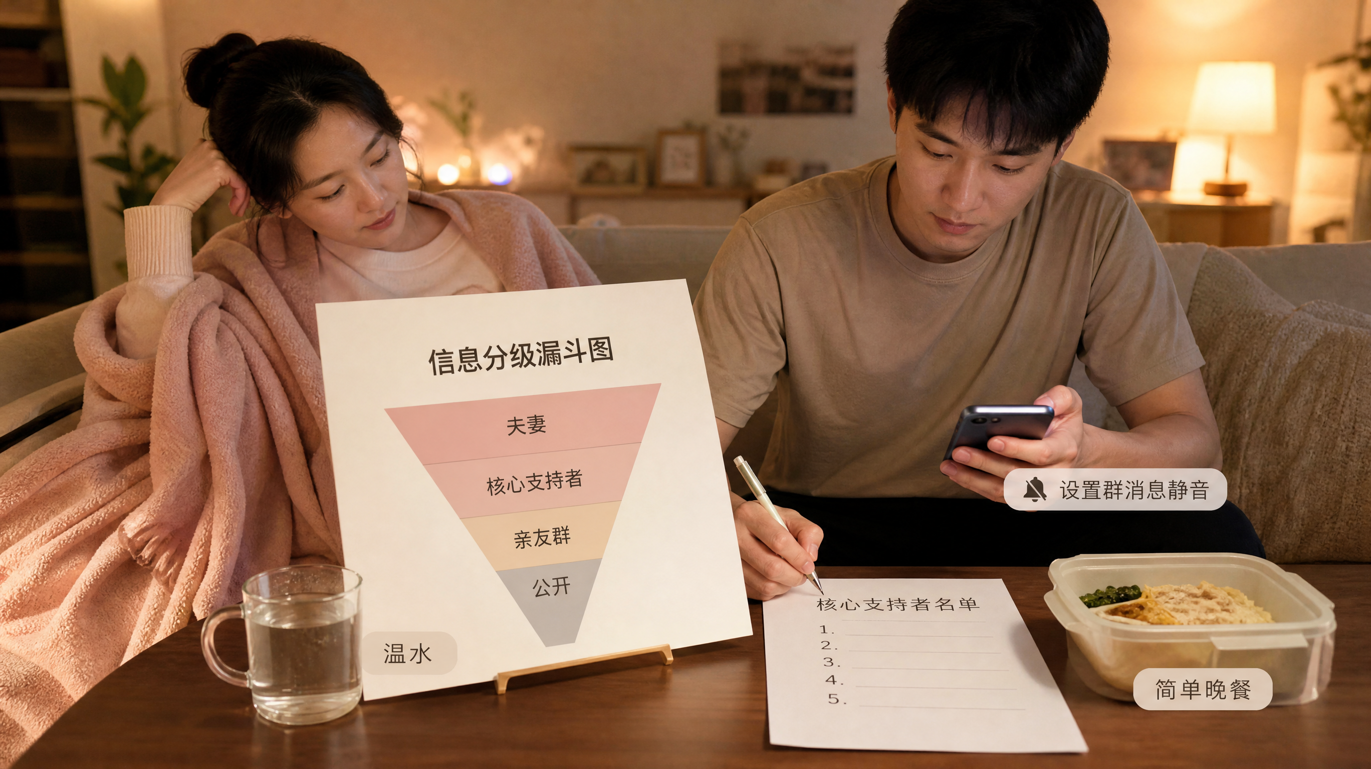 中国年轻夫妻在温暖的家中客厅,初秋傍晚氛围,妻子坐在沙发上披着薄毯休息,丈夫坐在旁边拿着手机设置家庭