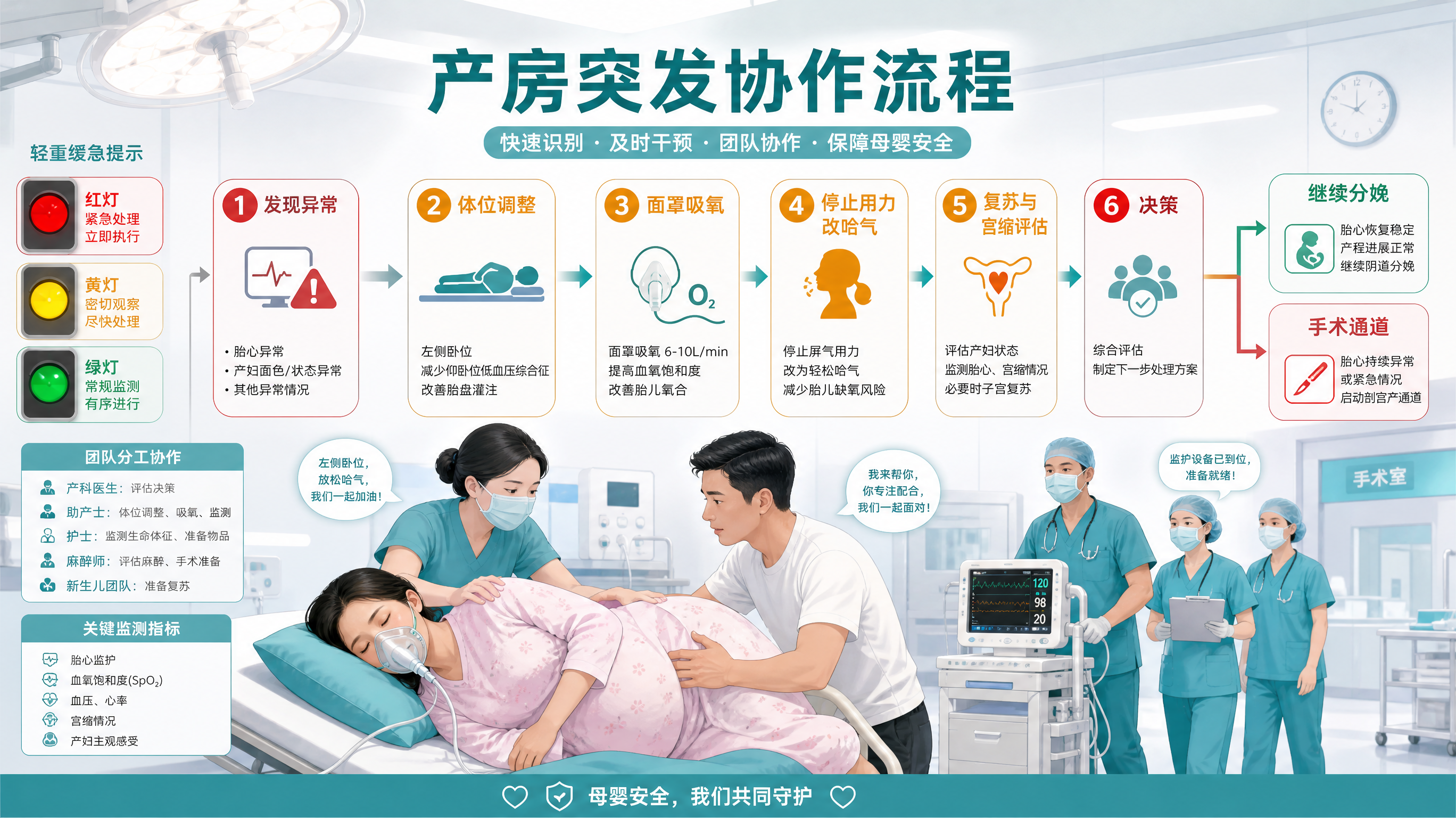 产房场景的信息图插画风格画面，主体为“产房突发协作流程”流程图：发现异常→姿势调整→面罩吸氧→停止用