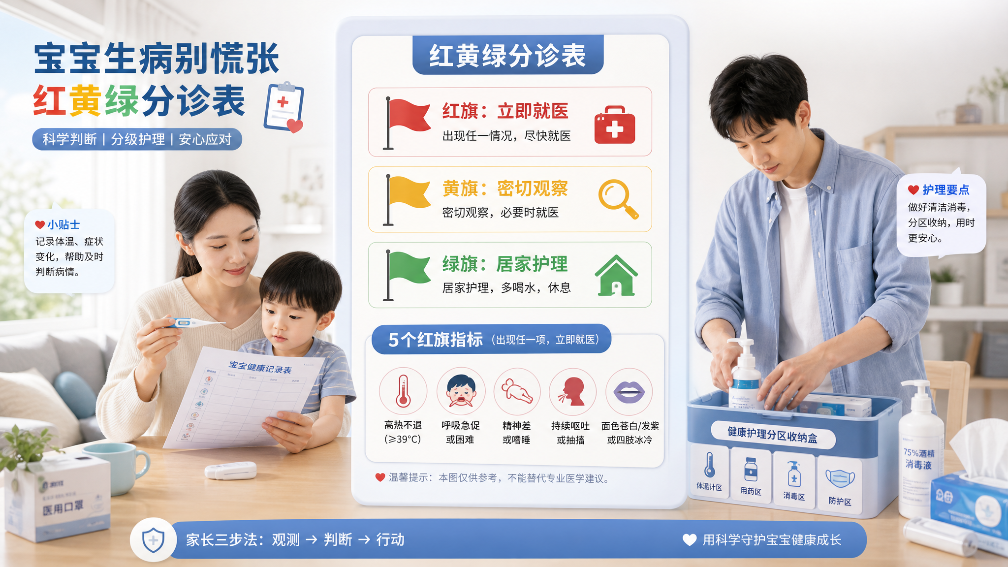 一张适合自媒体科普的竖版信息图场景,中国年轻父母在家中客厅桌前照护中国幼儿,妈妈一手拿体温计一手看记