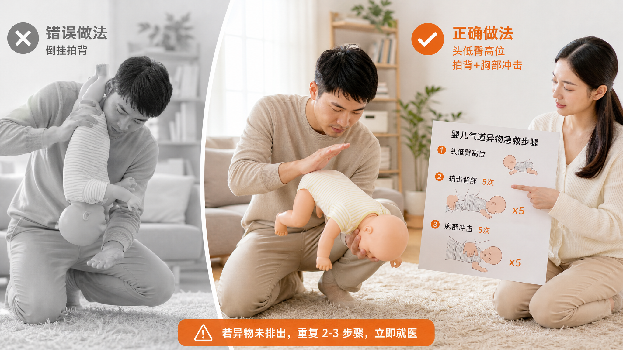 中国年轻父母在家庭客厅地毯旁进行婴儿气道异物急救示范，父亲用前臂托住中国婴儿模型做“头低臀高”姿势，