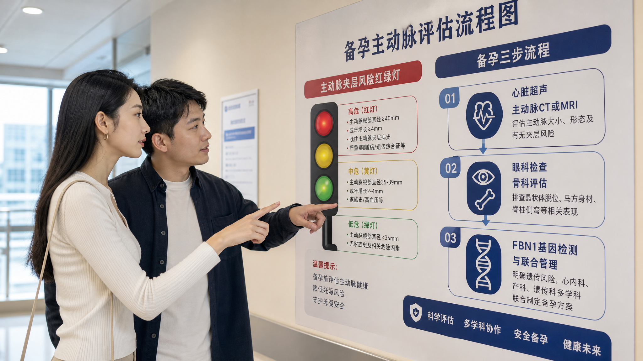 中国年轻夫妻在医院门诊走廊的健康科普墙前阅读“备孕主动脉评估流程图”,妻子身材高瘦手指细长,丈夫陪同
