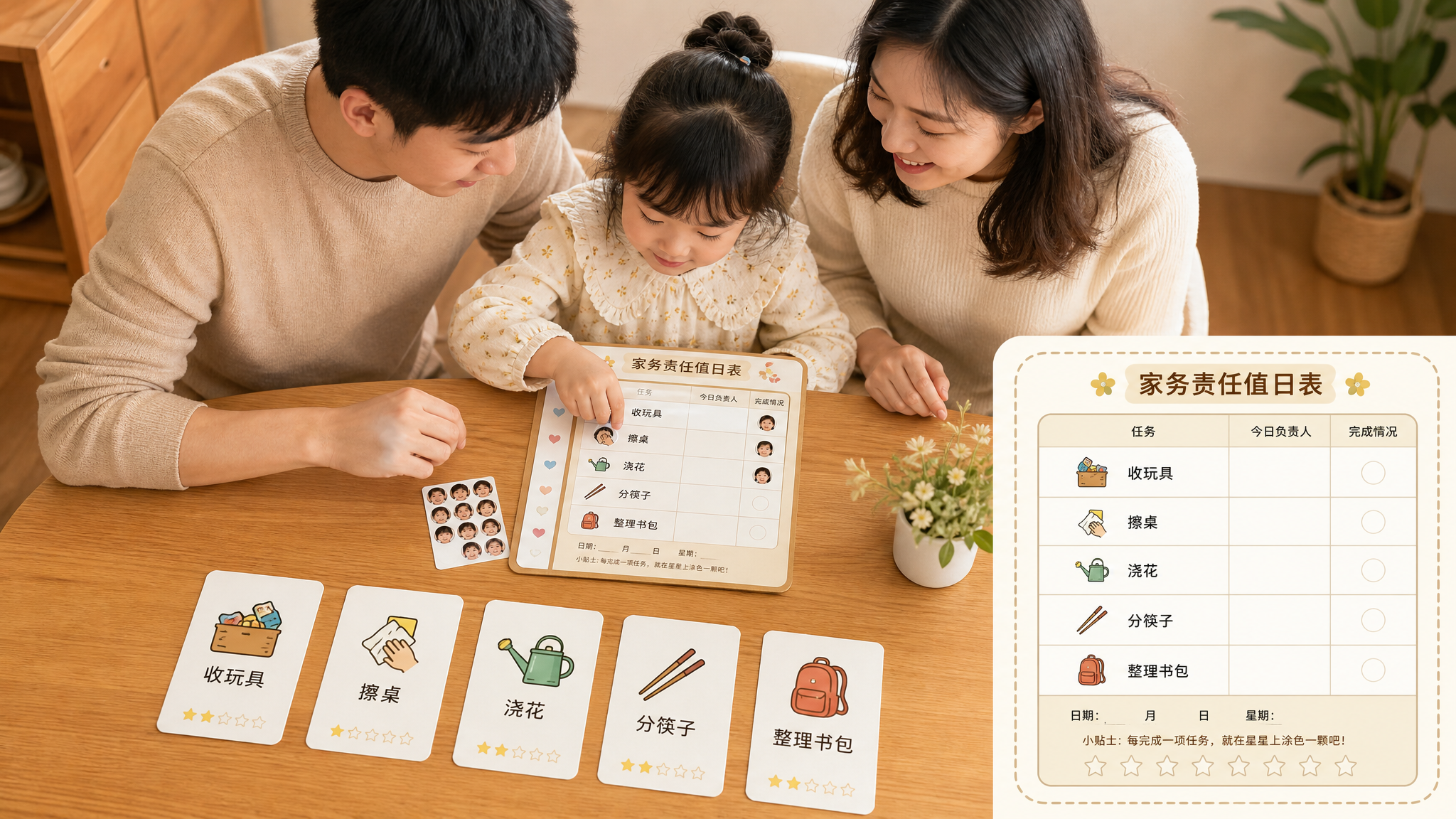 温暖家庭室内场景，中国年轻爸爸妈妈与一位中国学龄前儿童在餐桌旁共同看一张“家务责任值日表”清单卡，孩