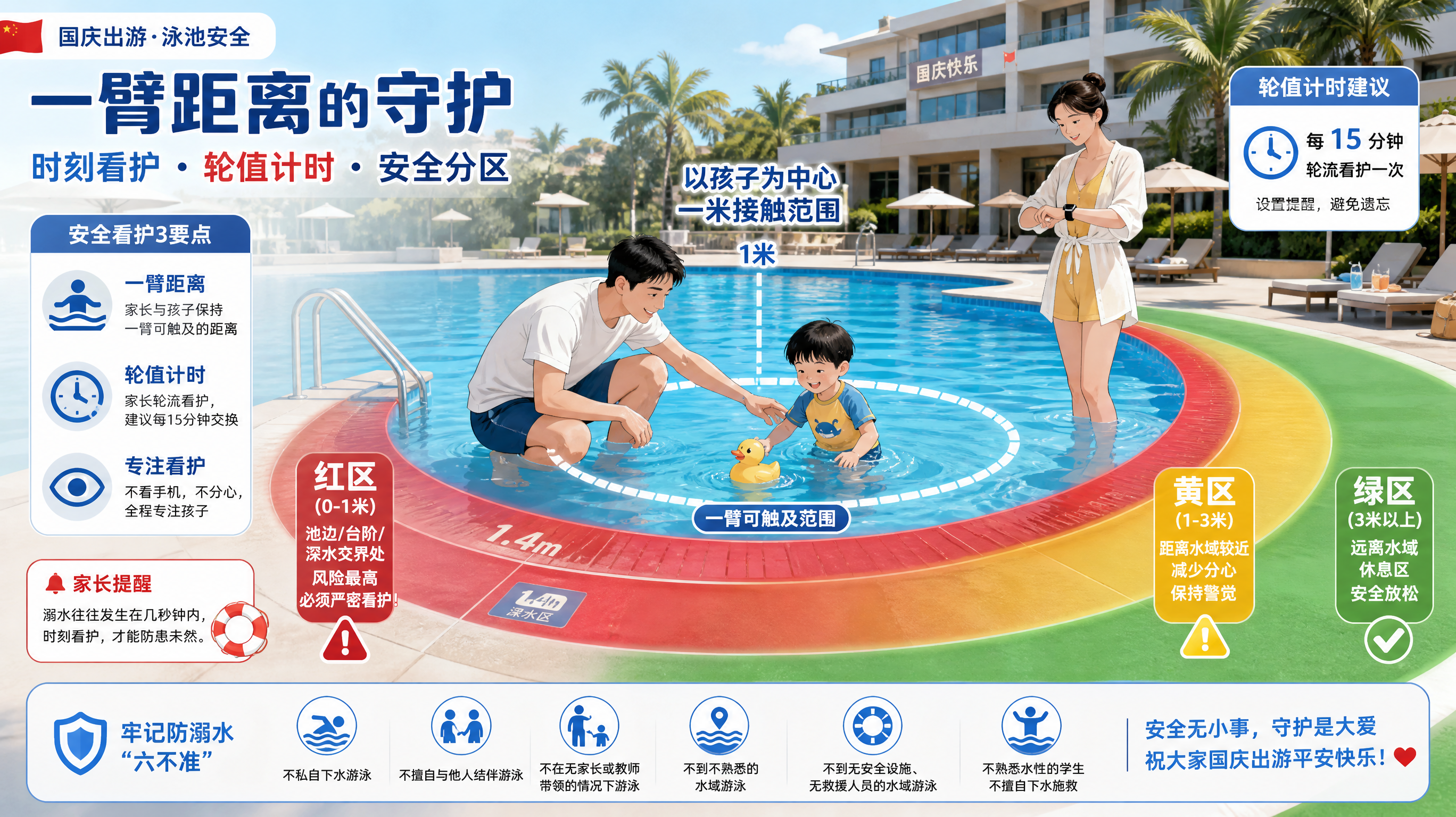 中国家庭水边安全科普插画风格海报，场景为国庆出游的酒店泳池边，中国年轻爸爸妈妈与一名中国3-6岁幼儿