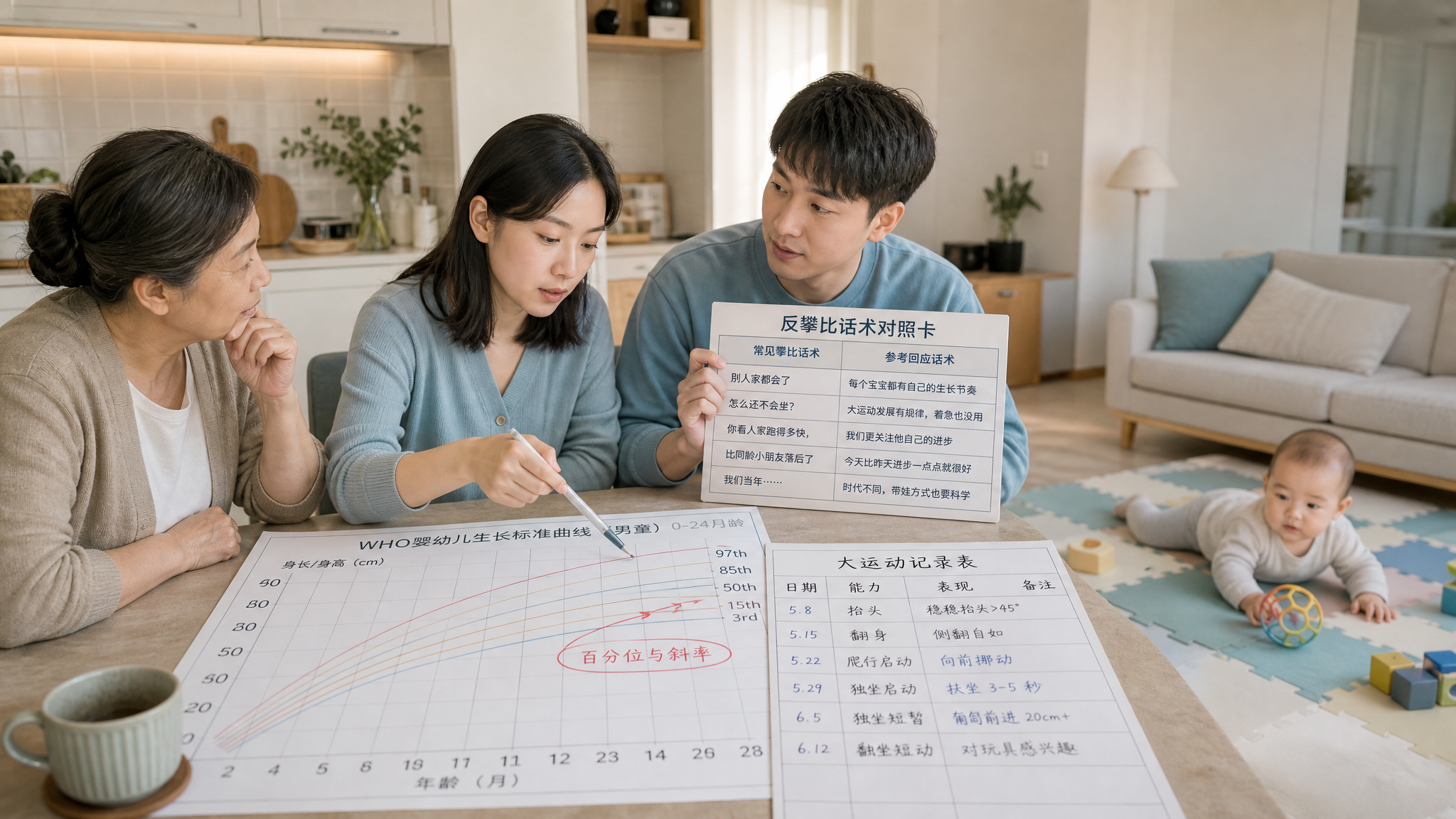 中国年轻妈妈与年轻爸爸在家中餐桌旁开“家庭会议”，桌上摊开放大的WHO生长曲线图与手写的大运动记录表