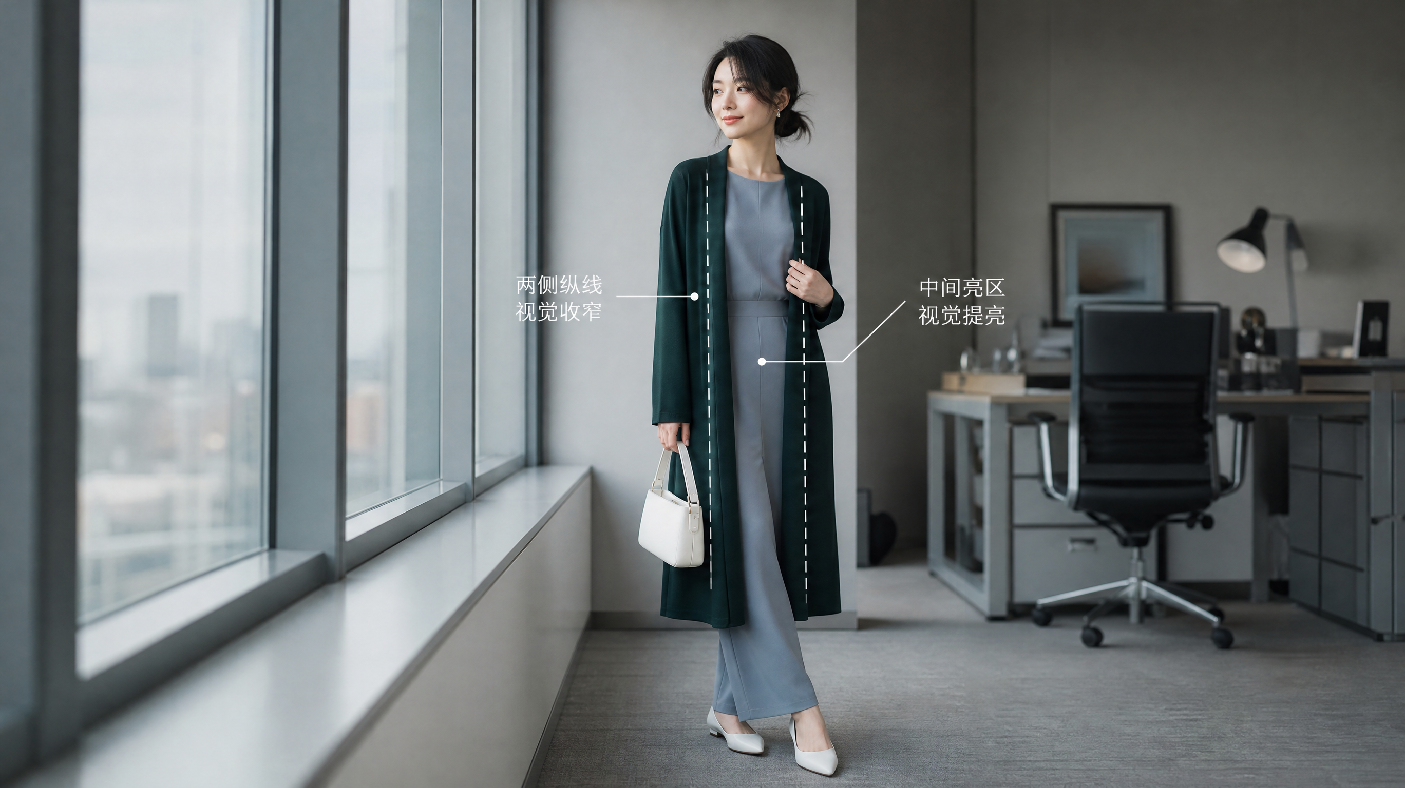 中国都市女性通勤穿搭场景，办公室自然光靠窗位置，一位中国女性站立微侧身，穿深墨绿过膝长开衫（开衫两侧