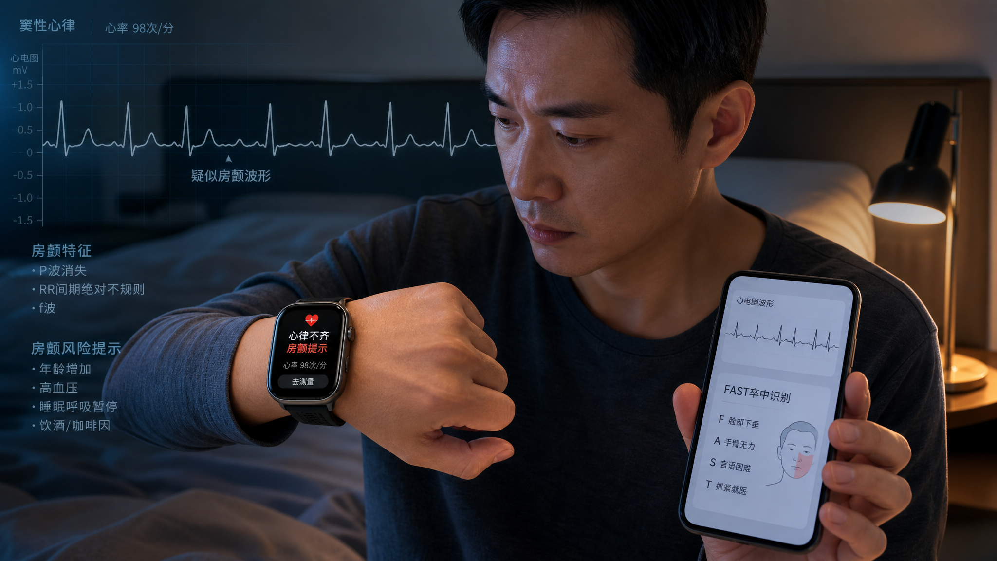 中国成年男性在夜晚卧室床边坐起,手腕上智能手表屏幕显示“心律不齐/房颤提示”界面,他另一只手拿着手机