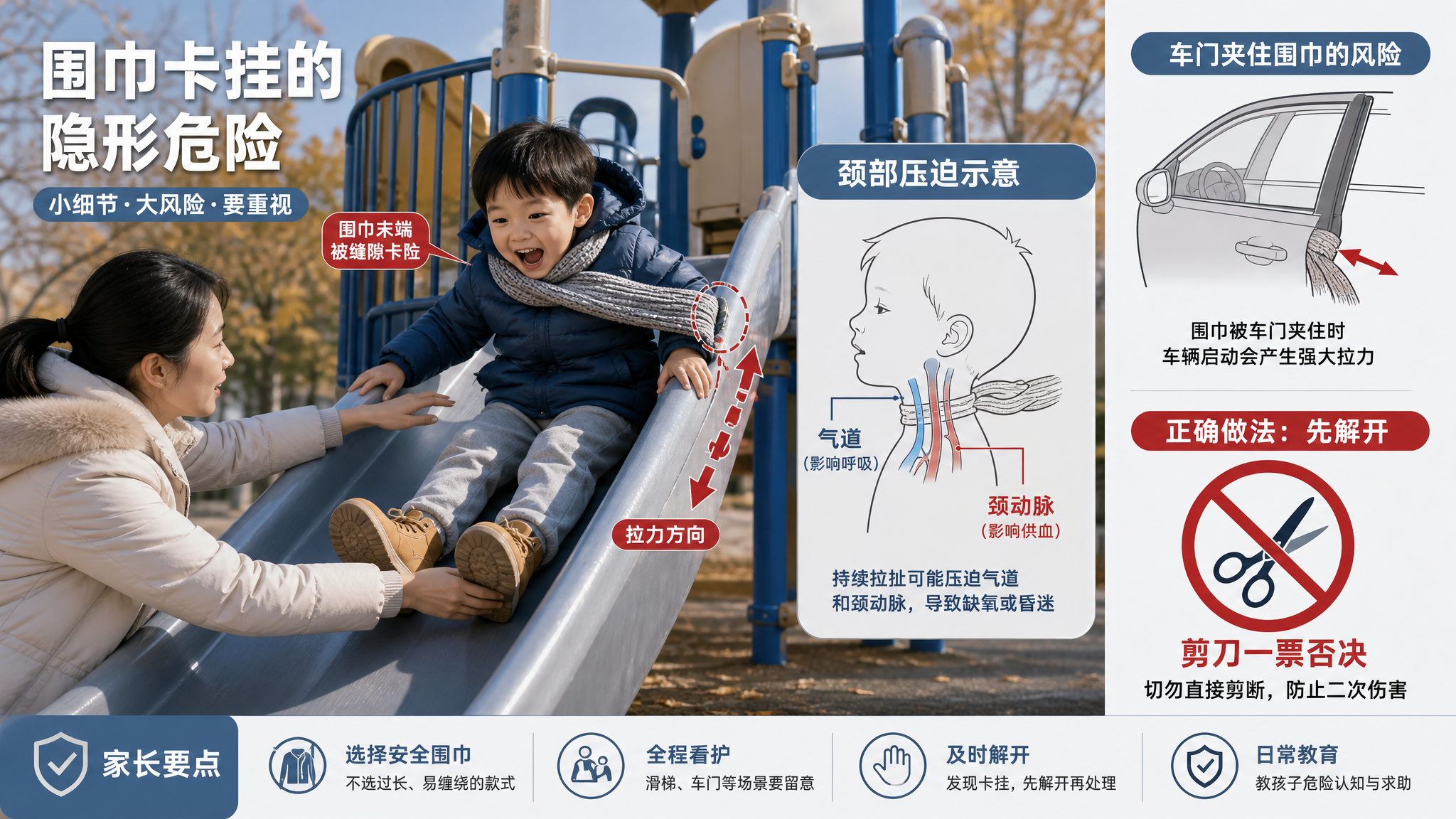 医学解剖科普风插画场景,中国幼儿在游乐场滑梯上往下滑,围巾末端被滑梯侧边缝隙卡住形成拉扯;旁边加入简