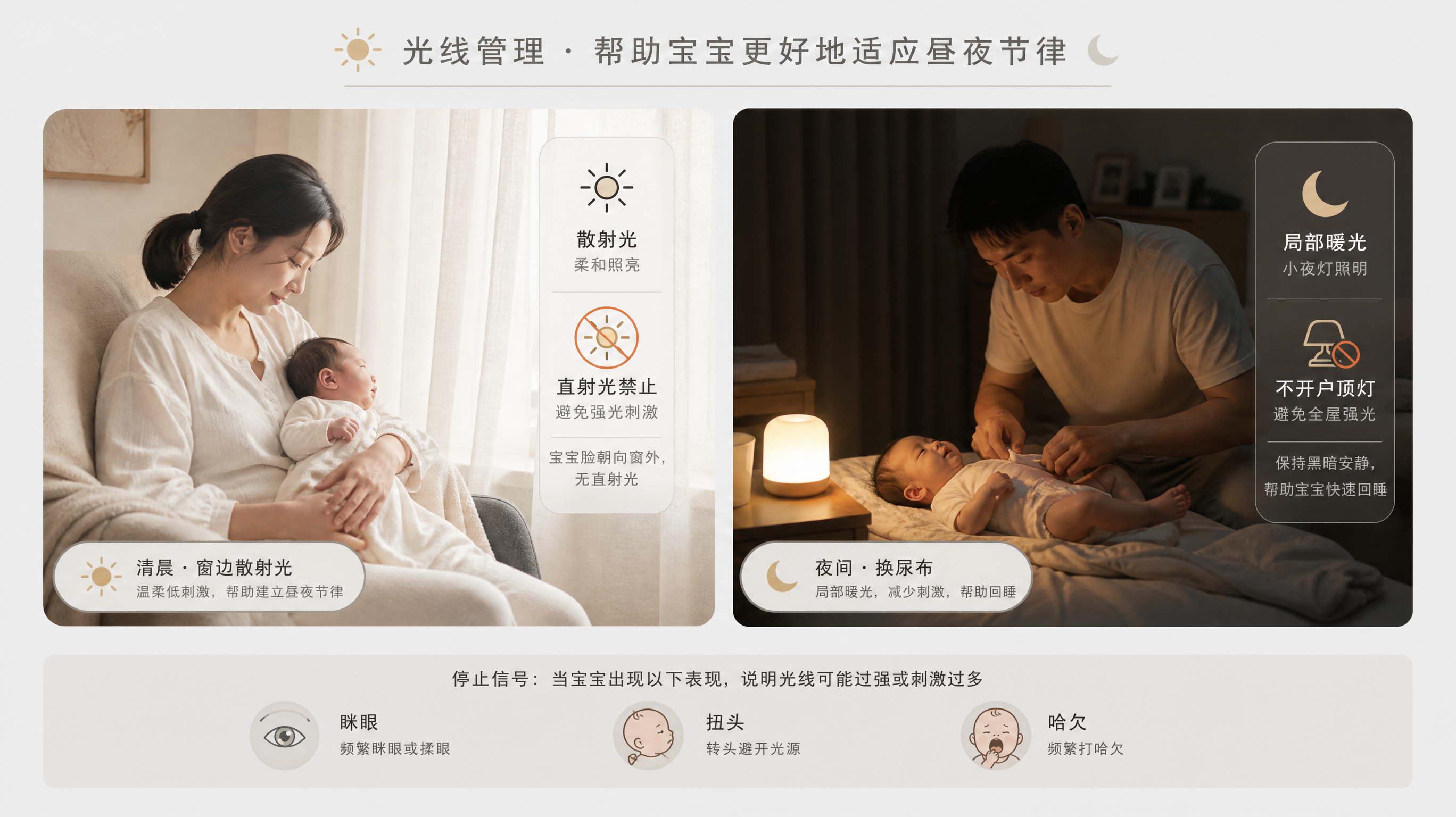 中国年轻父母在家中育儿场景对比画面,左侧为清晨窗边散射光:妈妈抱着中国新生儿坐在窗边,窗帘半透形成柔