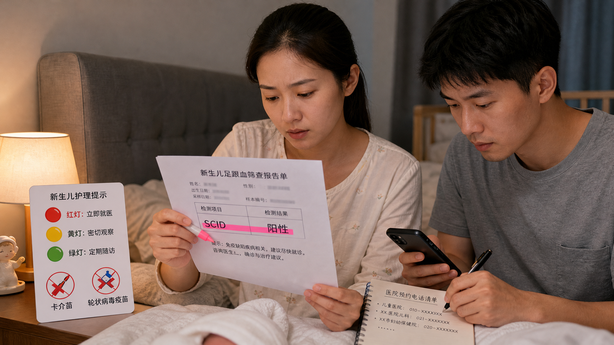 中国年轻父母在家中卧室的夜晚场景，妈妈坐在床边手里拿着新生儿足跟血筛查报告单并用荧光笔高亮“SCID