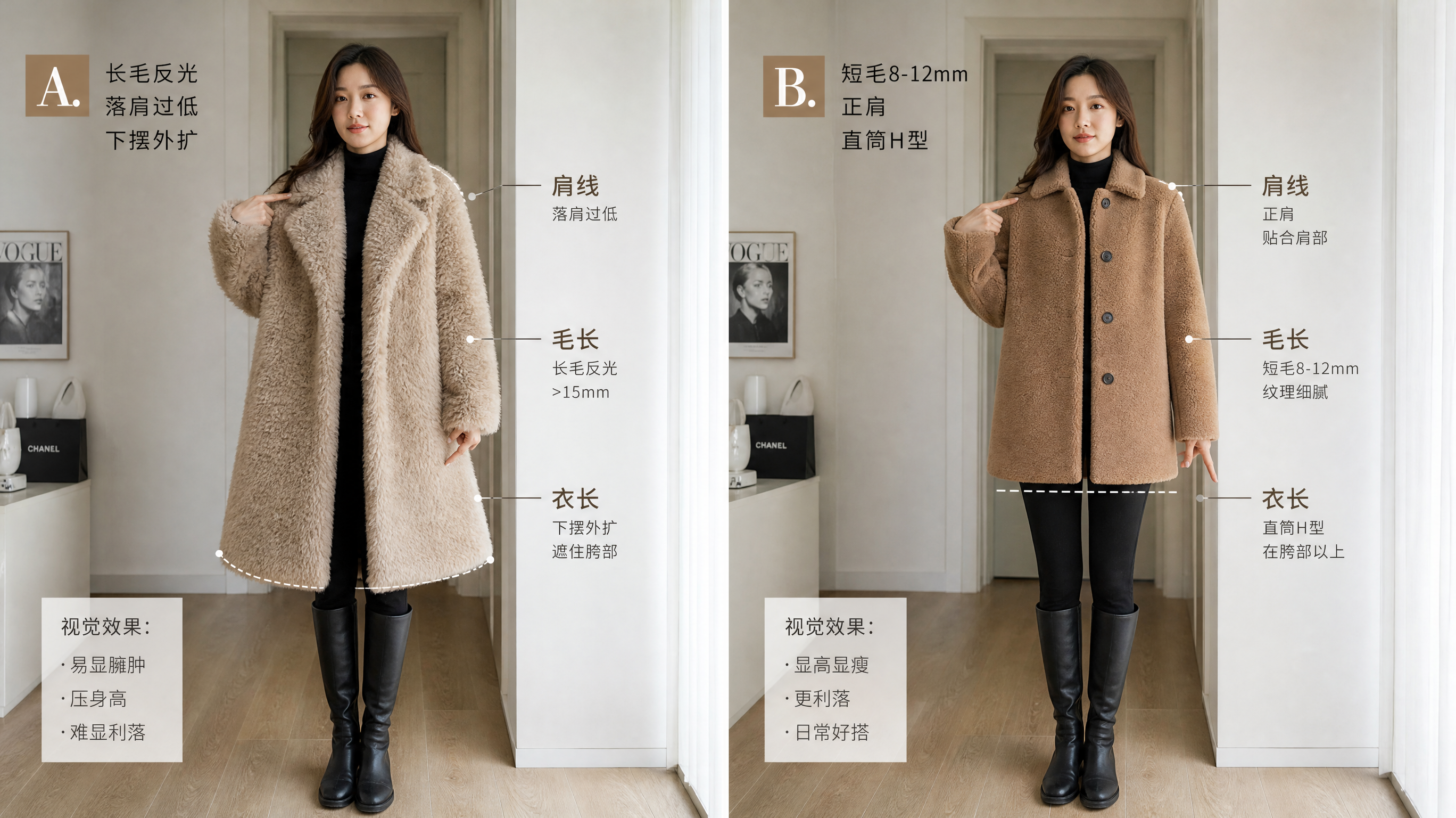 场景为明亮室内试衣间或简洁公寓玄关,背景干净;一位中国年轻女性站立试穿两件羊羔毛泰迪外套进行对比展示