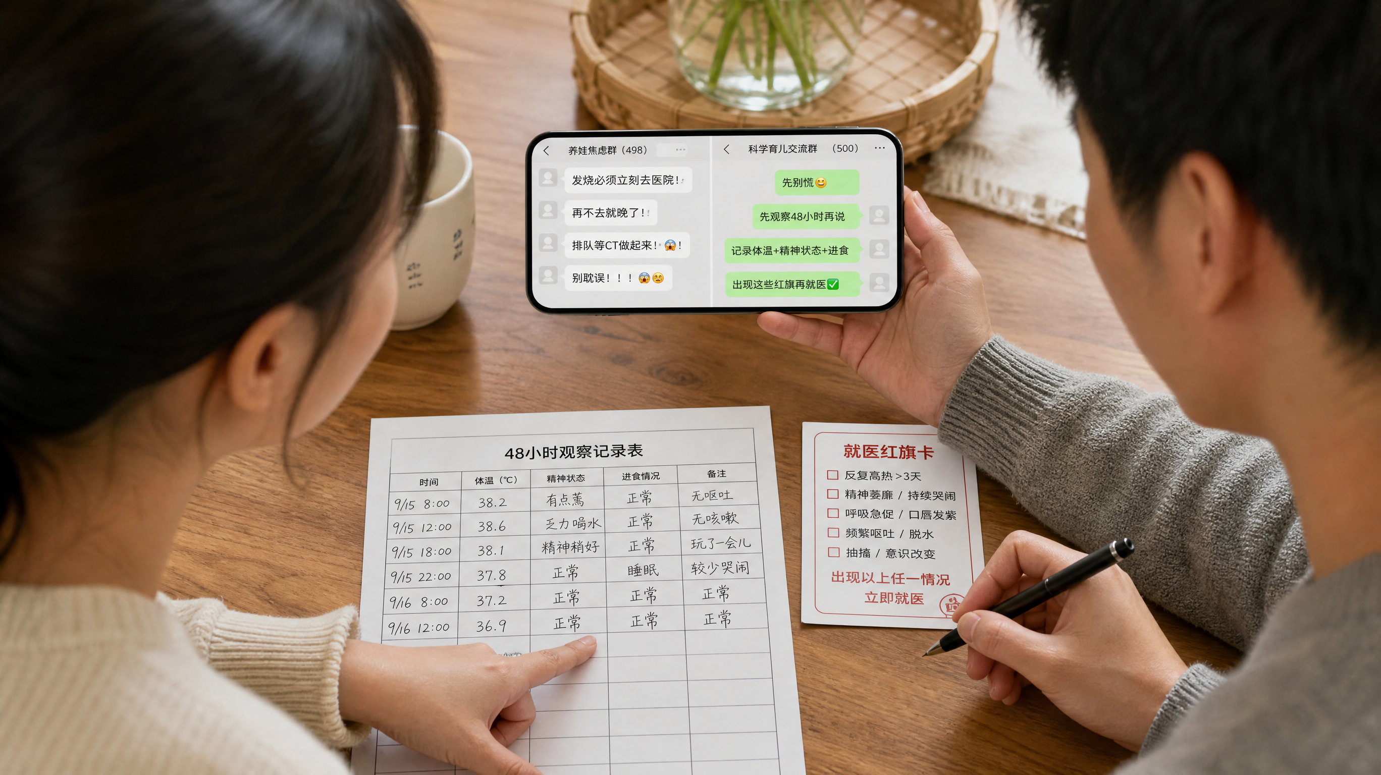 中国年轻父母在家中餐桌旁使用手机，屏幕上呈现“群内截图风”对比卡片：左侧为夸张恐慌的群消息气泡，右侧