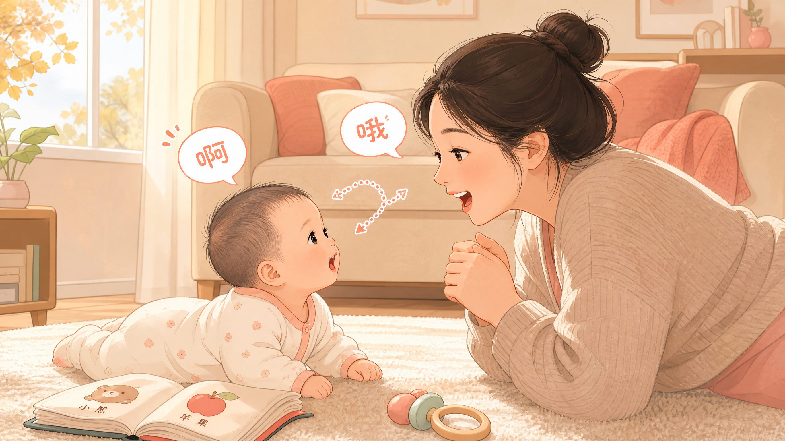 中国年轻妈妈与4-6个月中国婴儿在家中客厅地毯上面对面互动,妈妈微笑低声与宝宝“轮流发声”对话,画面
