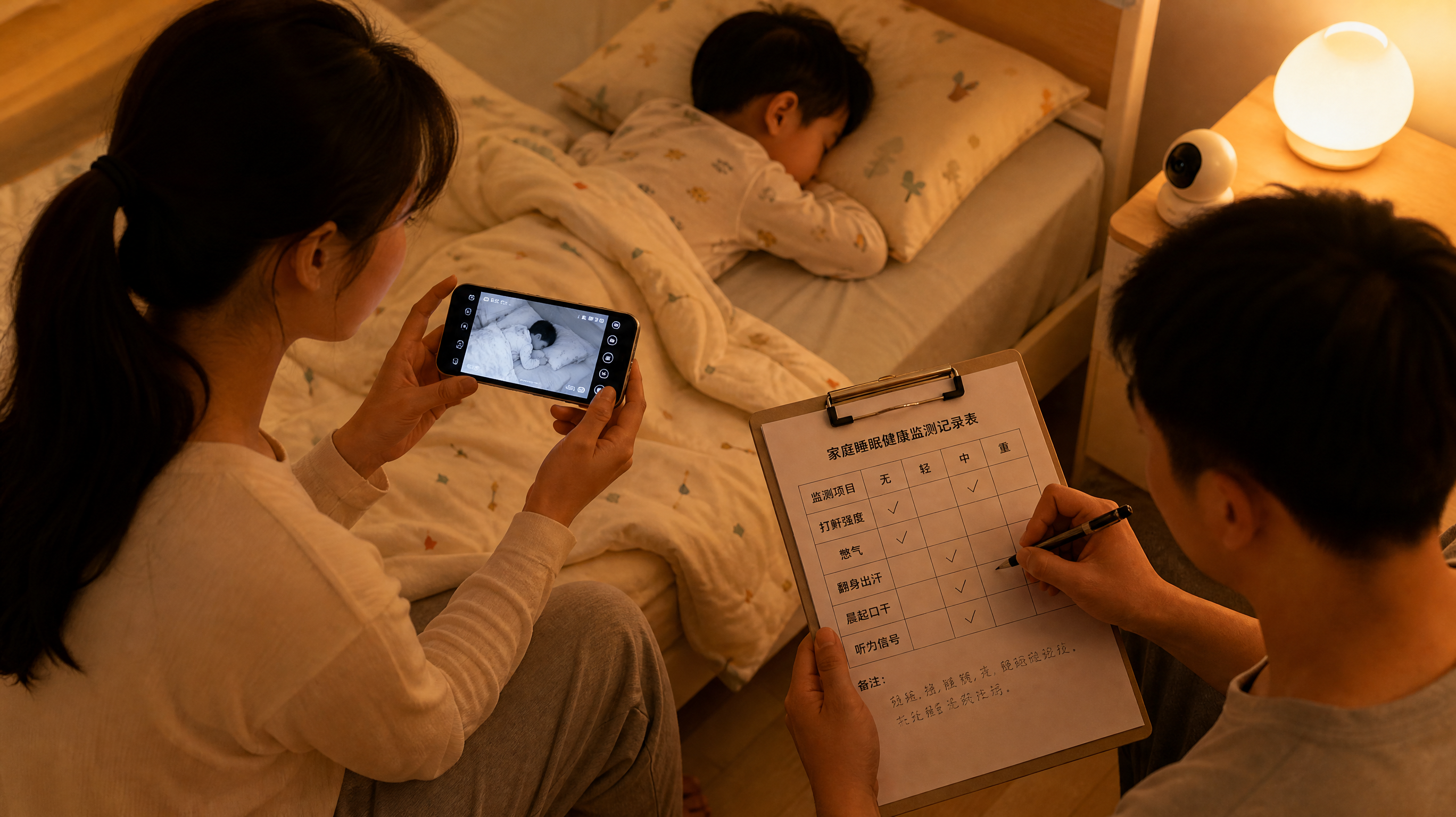 中国年轻父母在卧室夜间柔和小夜灯下，妈妈坐在床边看手机屏幕回放孩子睡眠录像，爸爸拿着纸质记录表勾选“