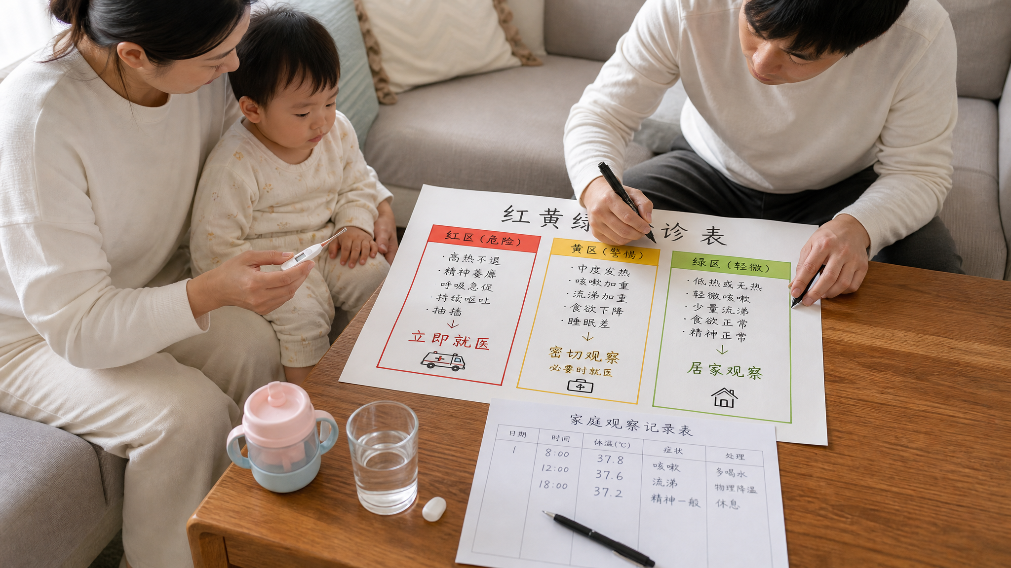 中国年轻父母在家庭客厅里照顾一名1-3岁中国幼儿,妈妈拿着体温计记录体温,爸爸在纸上画出“红黄绿分诊