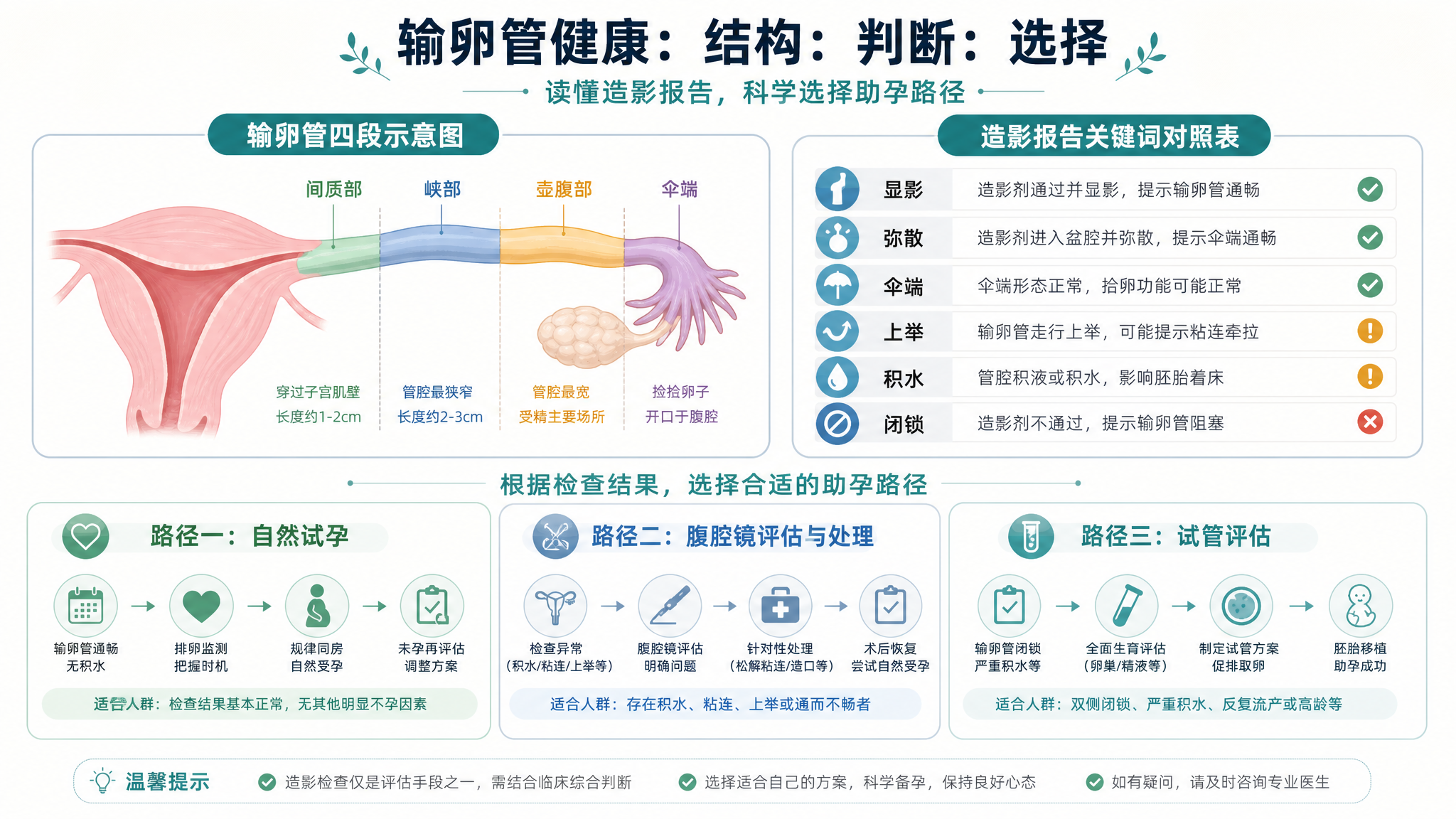 竖版信息图海报风格，干净医疗科普插画；画面中心为“输卵管四段示意图（间质部、峡部、壶腹部、伞端）”，