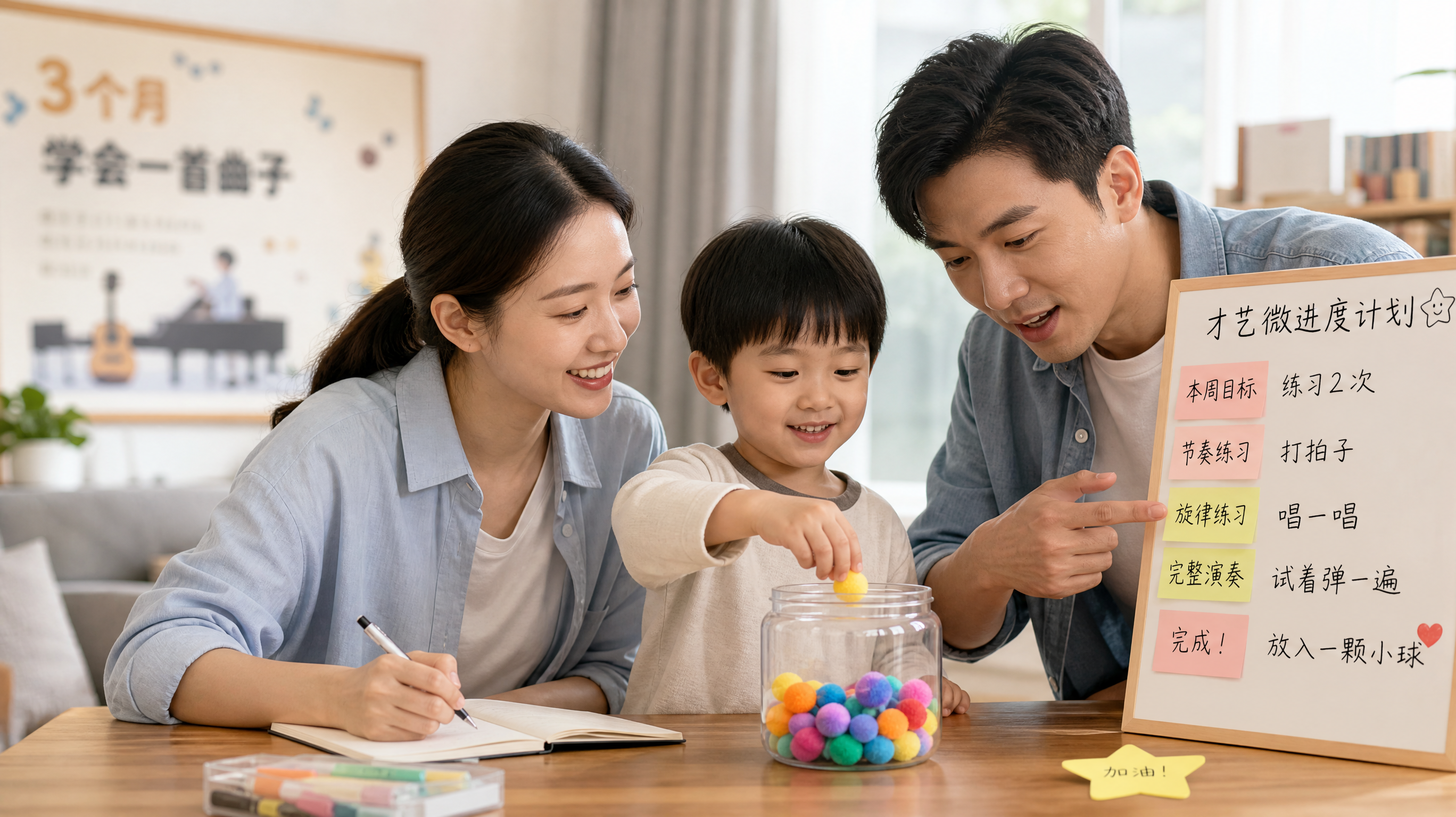 中国年轻父母与一位3-6岁中国儿童在家中明亮客厅的桌边一起做“才艺微进度计划”，画面左右对比构图：左