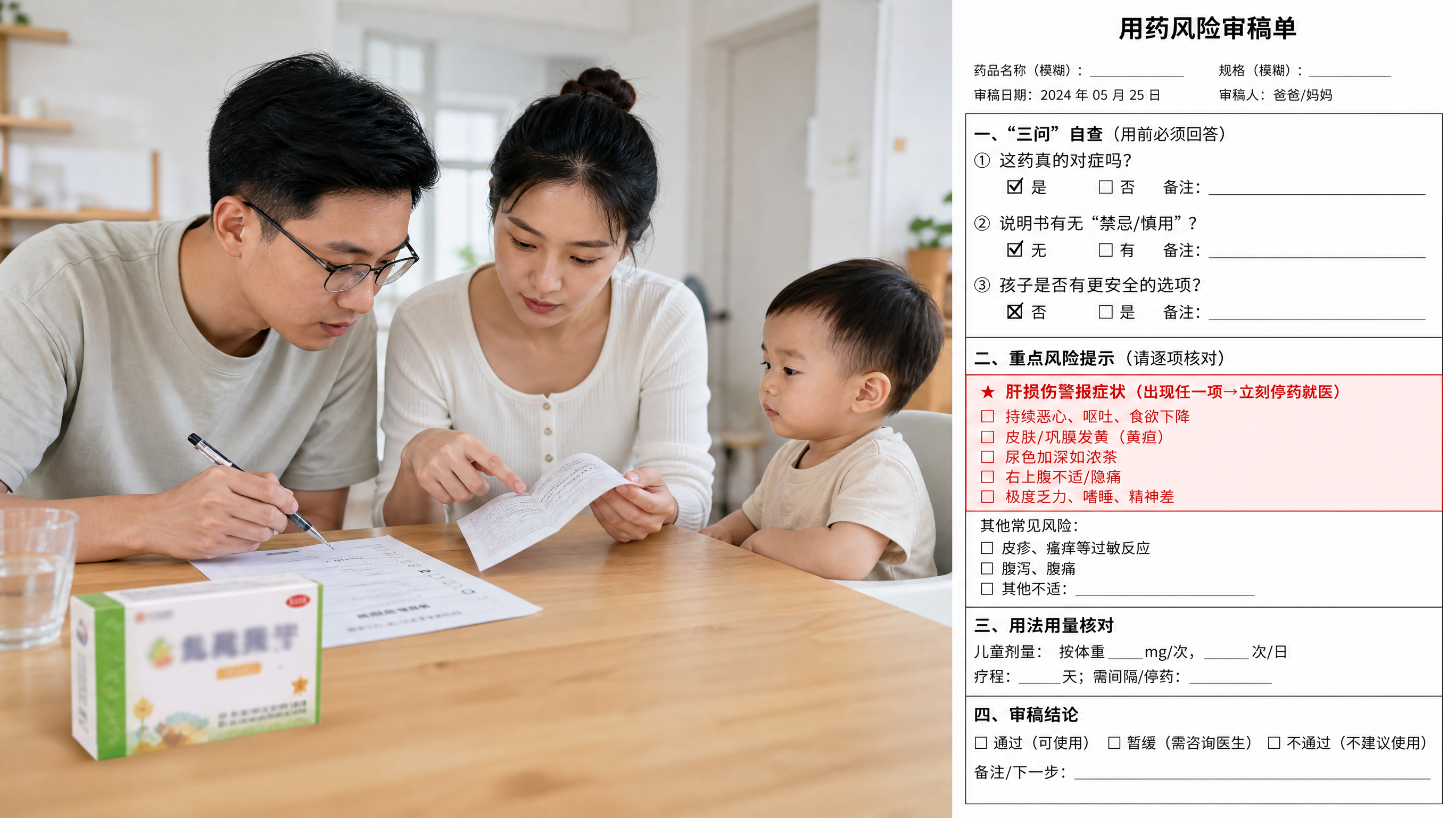 中国年轻父母在家庭餐桌旁做“用药审稿”,桌面上放着一盒儿童中成药药盒(文字模糊不可辨识)、一张清晰的