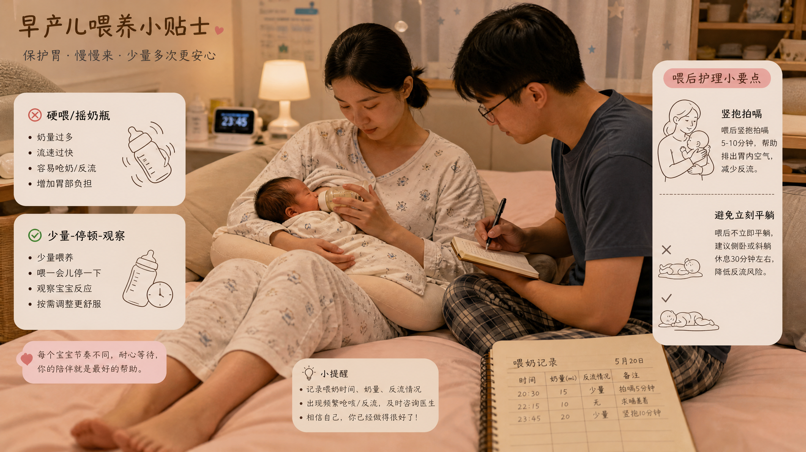中国年轻父母在家庭卧室夜间柔和灯光下照顾中国早产儿喂奶的生活场景，妈妈抱着宝宝半坐位喂奶，爸爸在旁边