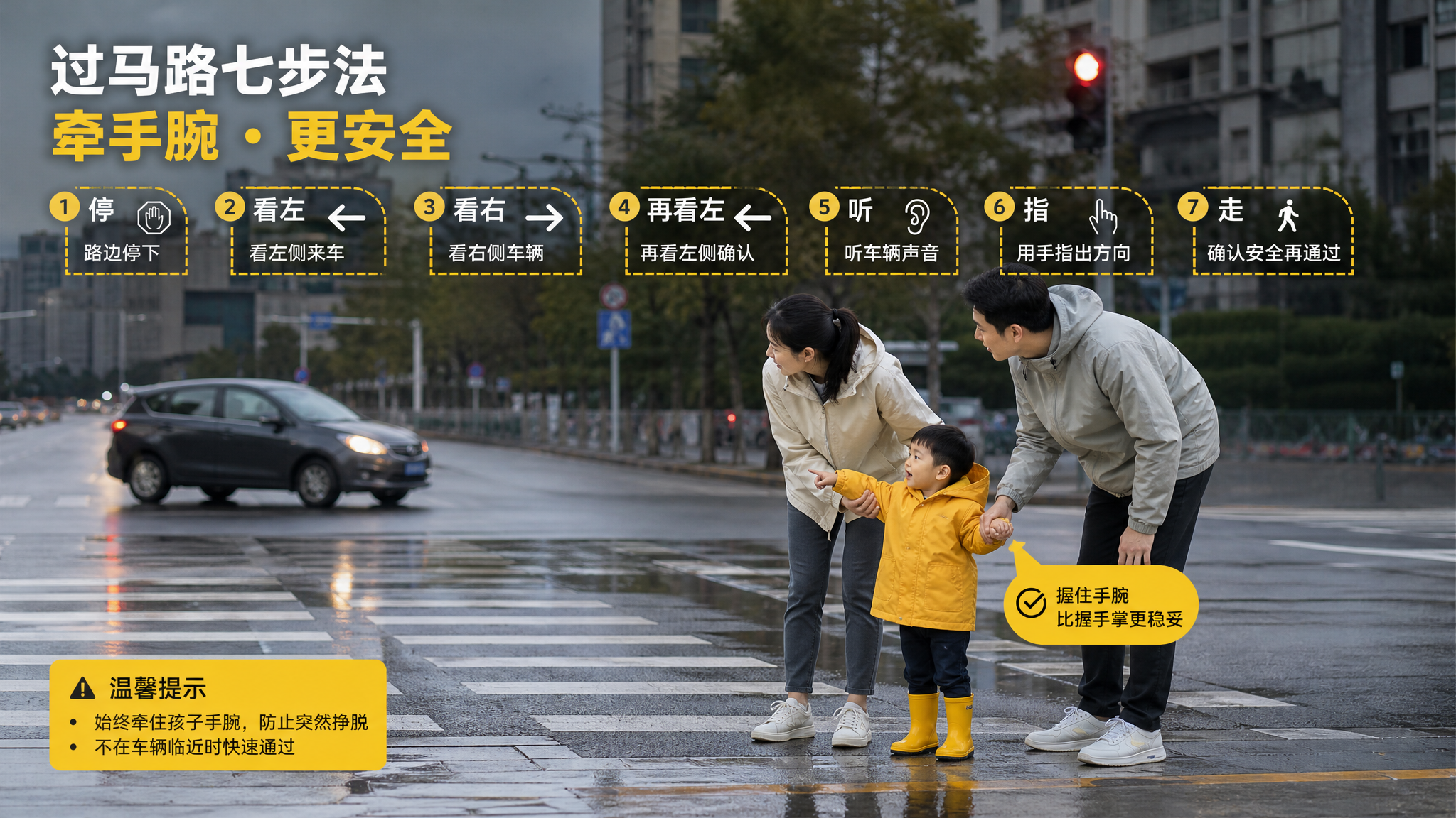 中国城市路口斑马线场景，阴天小雨刚停的湿滑路面反光，一对中国年轻父母带着3-6岁中国幼儿在路边准备过
