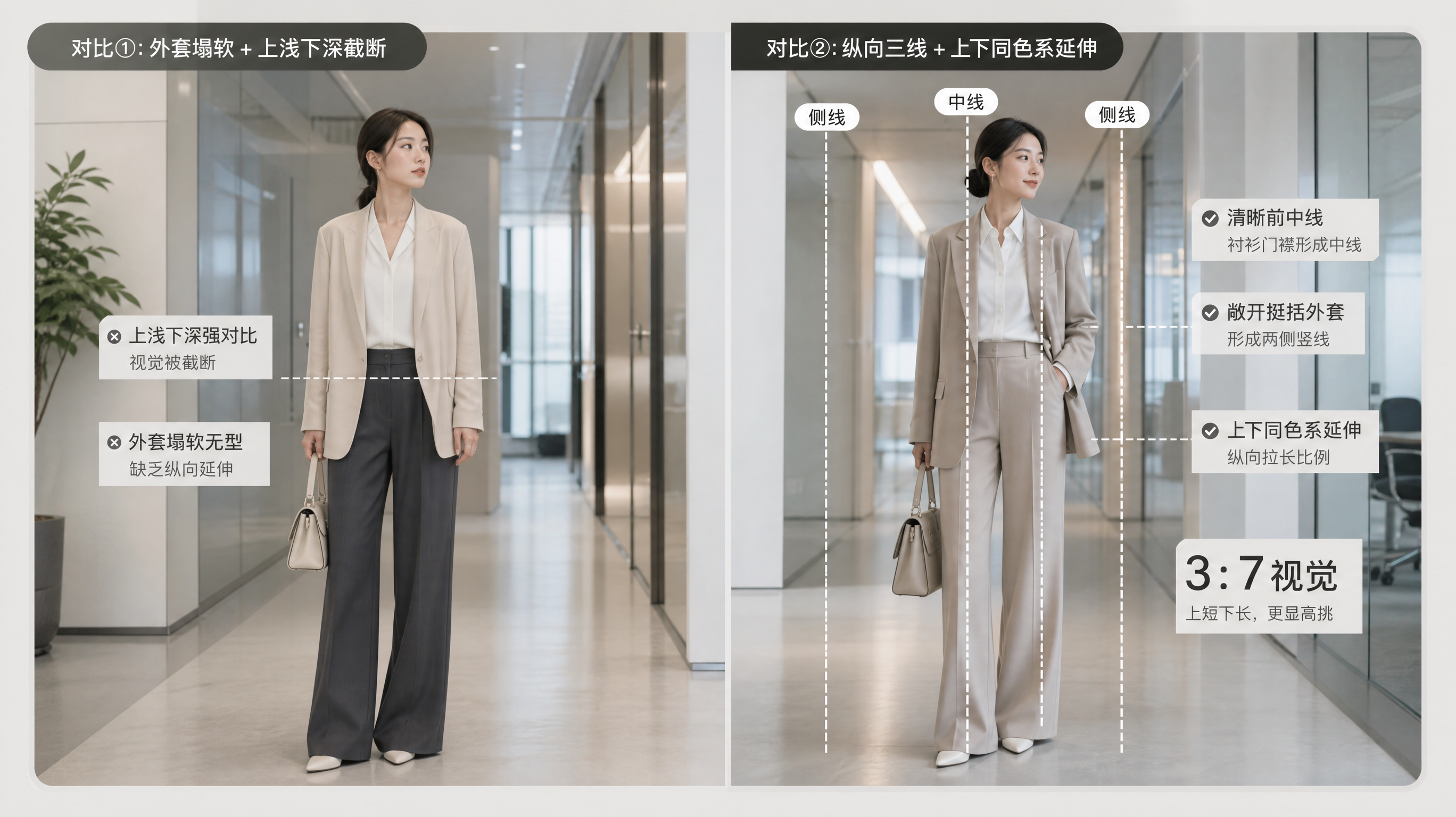 中国都市女性在现代写字楼走廊通勤场景中站立对比展示穿搭技巧,画面分为左右两栏“前后对比”,左侧为上浅