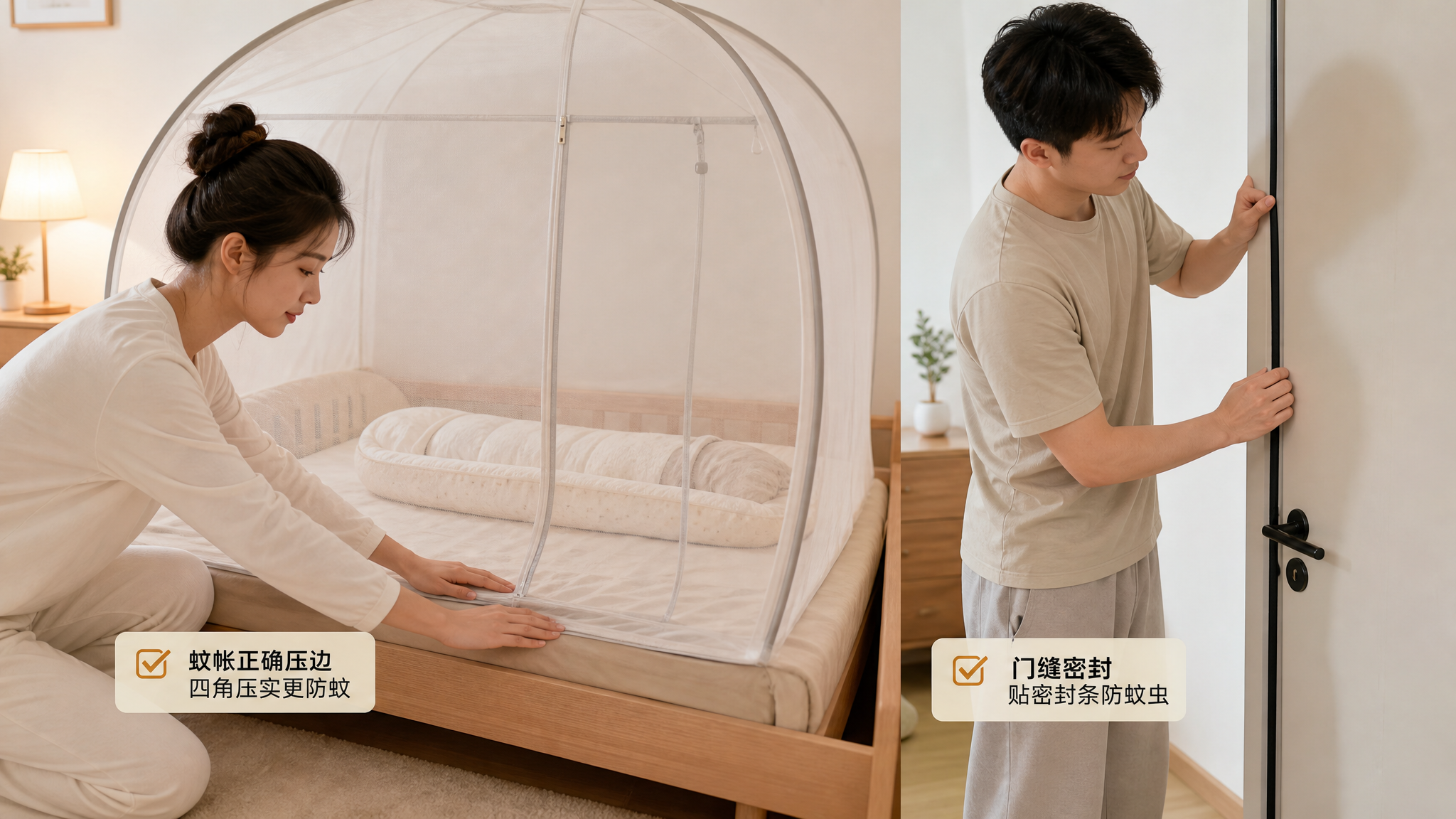 中国年轻父母在卧室里为新生儿床搭建全包围婴儿蚊帐的生活场景,妈妈在检查蚊帐四角是否压在床垫下并用手把