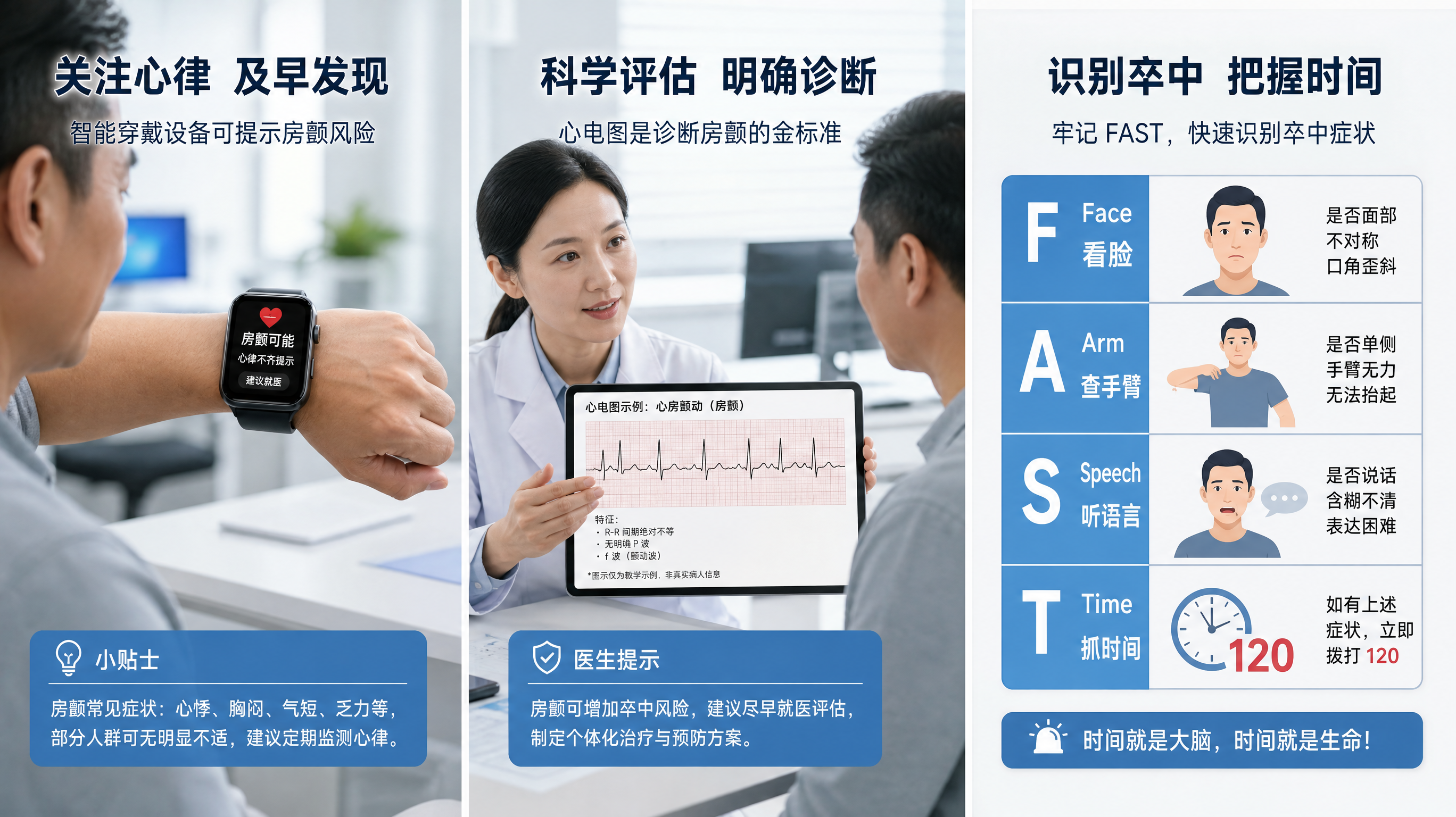 科研感健康科普海报风格,画面分为三栏构图:左侧为中国成年人手腕佩戴智能手表,屏幕显示“房颤可能/心律