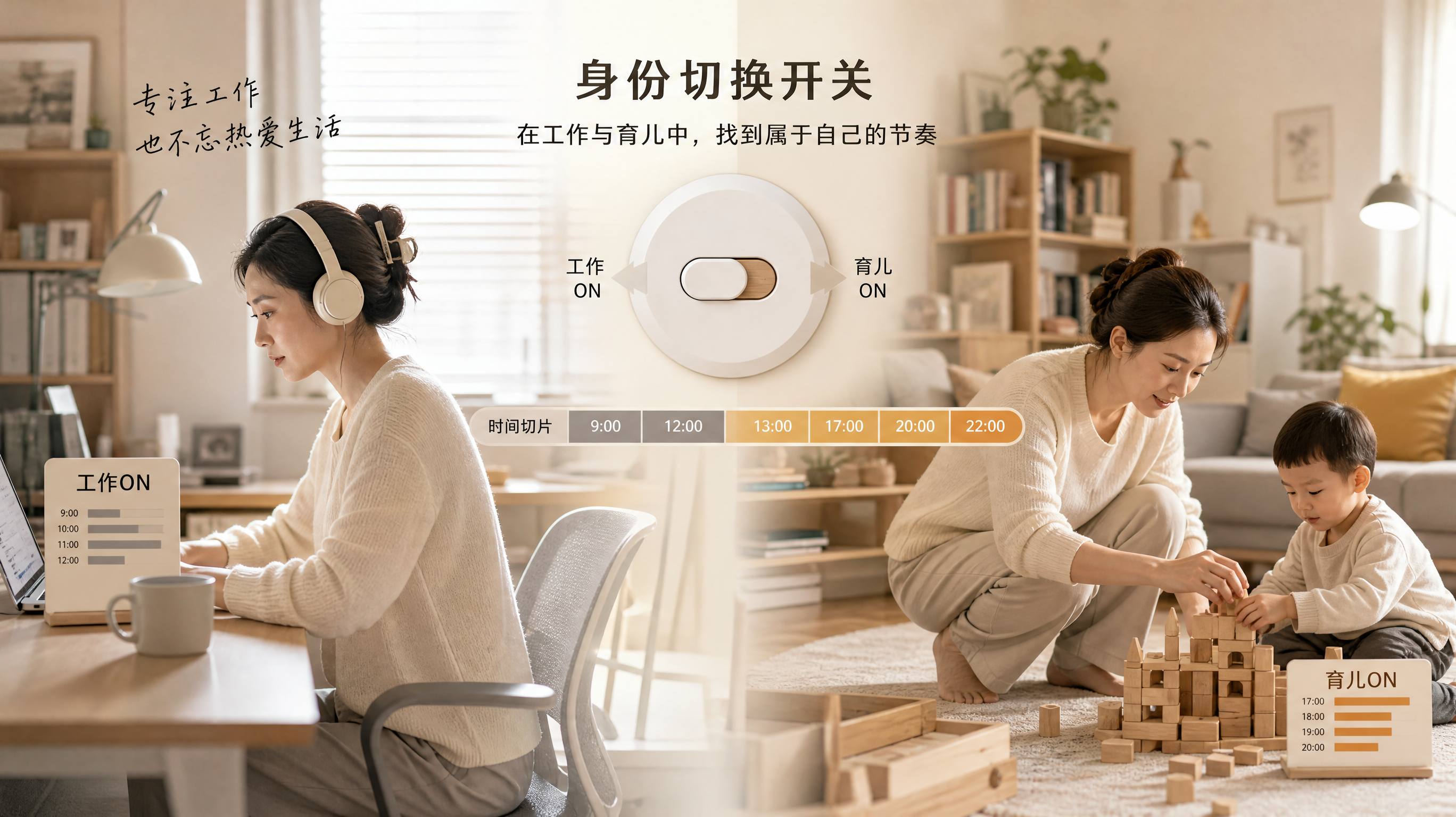 中国年轻职场妈妈在家中书房与客厅的对比场景拼接画面，左侧书房：妈妈坐在固定书桌前戴同一副降噪耳机专注