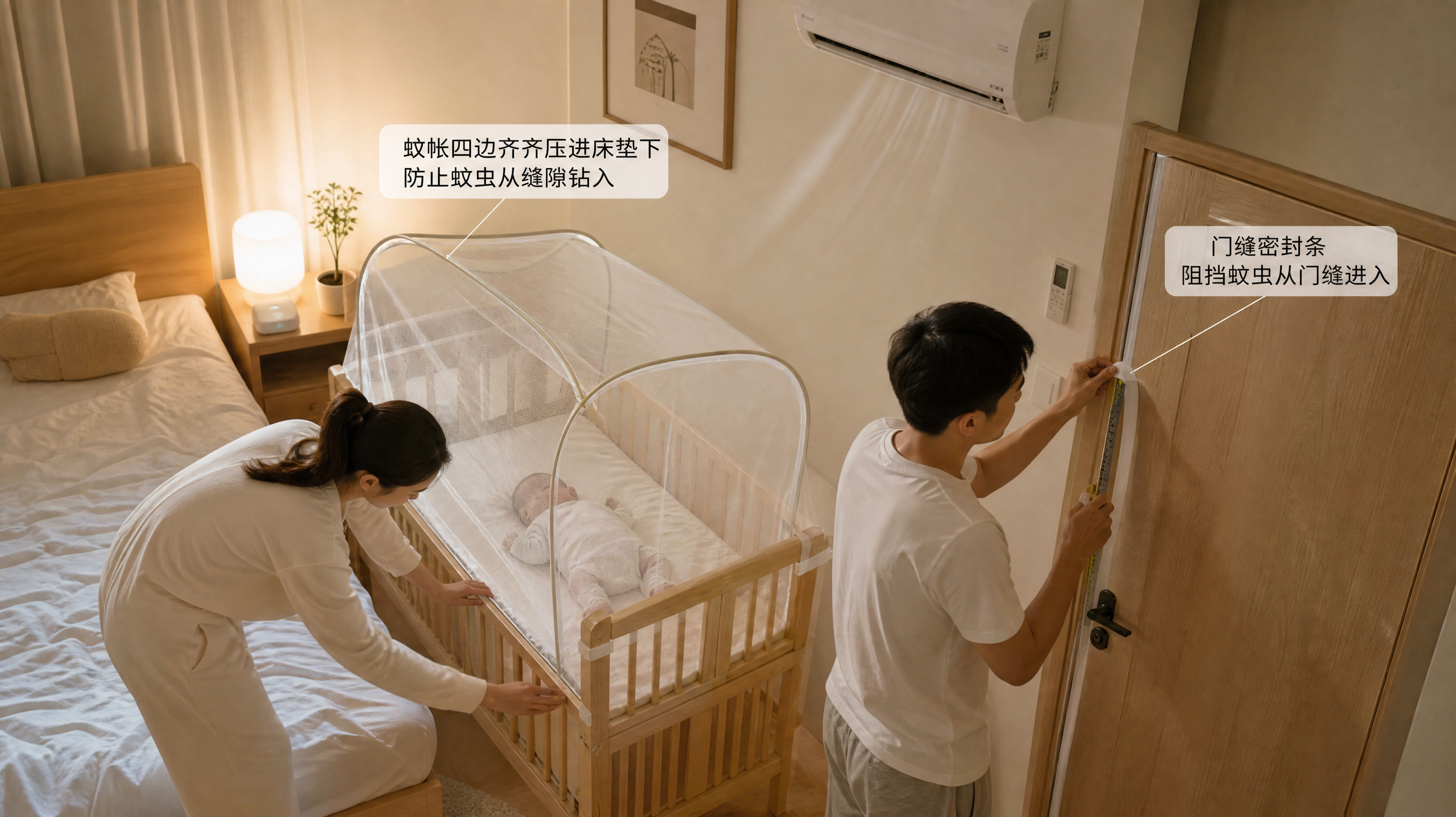 中国年轻父母在卧室里给新生儿做物理防蚊布置的场景，妈妈弯腰检查婴儿床全包围蚊帐四角是否压进床垫，爸爸
