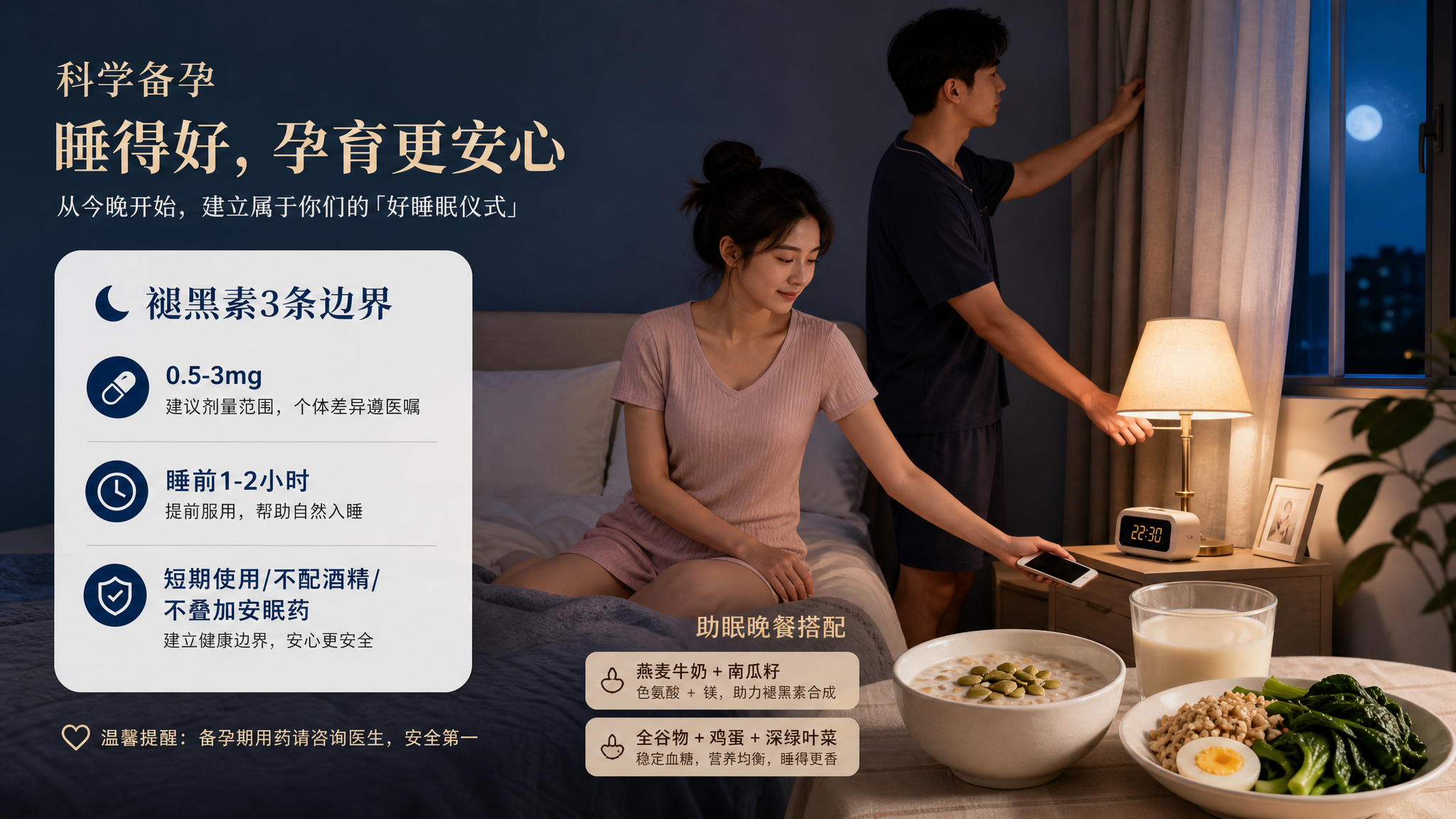 深蓝夜空色调的卧室场景,中国年轻备孕夫妻在床边进行睡前准备,女性放下手机、男性关闭床头灯与窗帘,画面