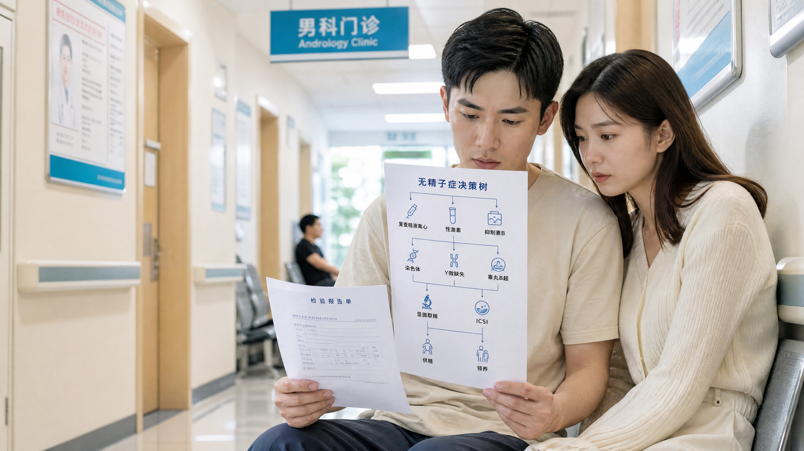 医院男科门诊走廊场景,中国年轻夫妻坐在候诊区长椅上,男方手里拿着体检报告单和一张“无精子症决策树”检