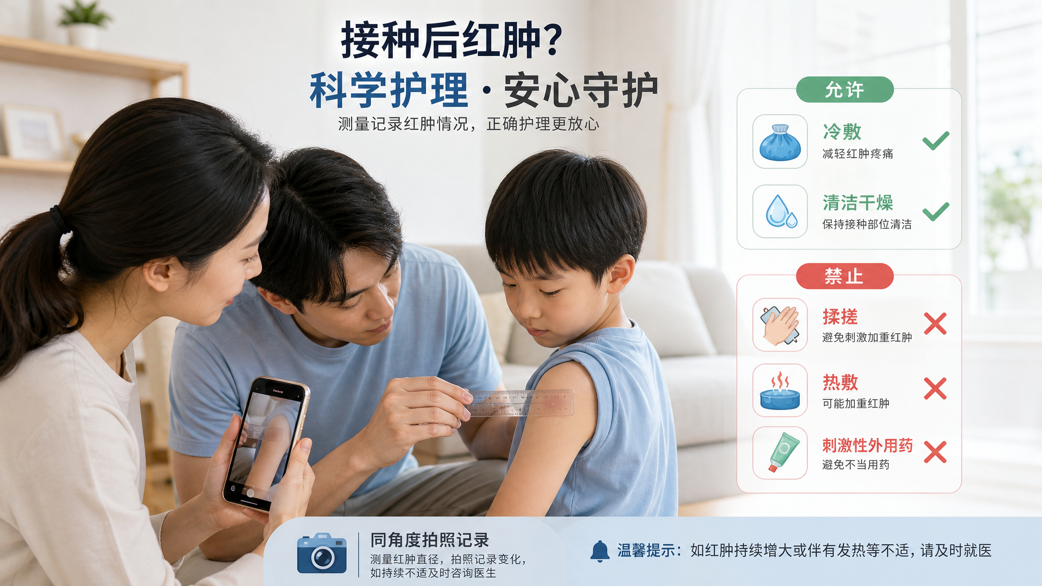 中国年轻父母在家中明亮干净的客厅里照顾中国儿童，孩子露出上臂接种部位，家长用透明尺子测量红肿直径并用