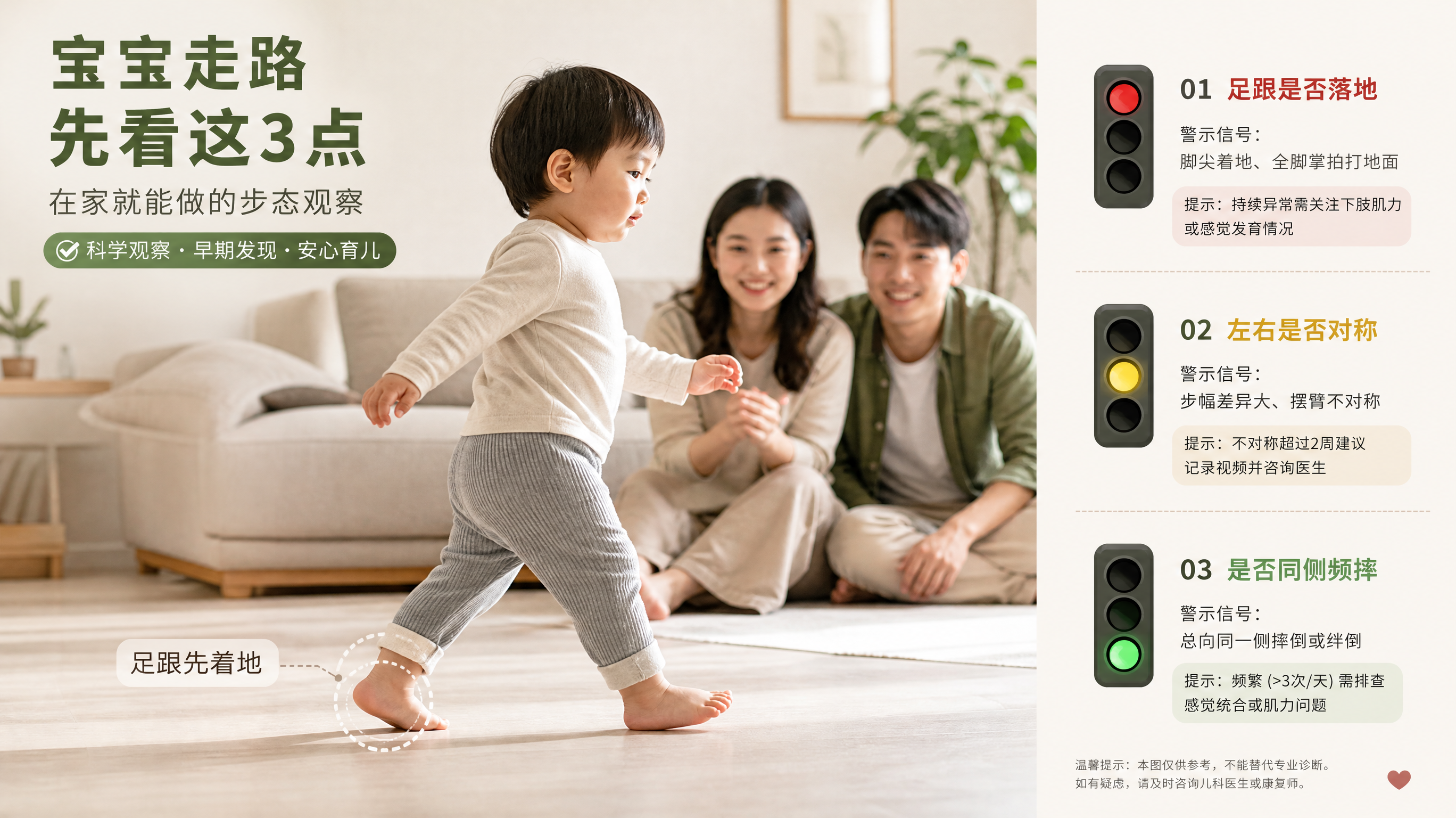 中国年轻父母在明亮整洁的家中客厅,观察一名1-3岁中国幼儿光脚走路的瞬间,画面定格在“足跟落地”关键