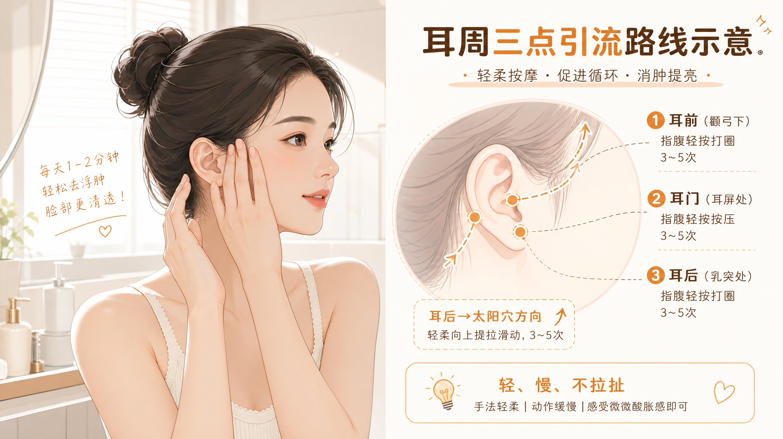 初秋晨起脸肿眼下暗？耳周三点指腹引流