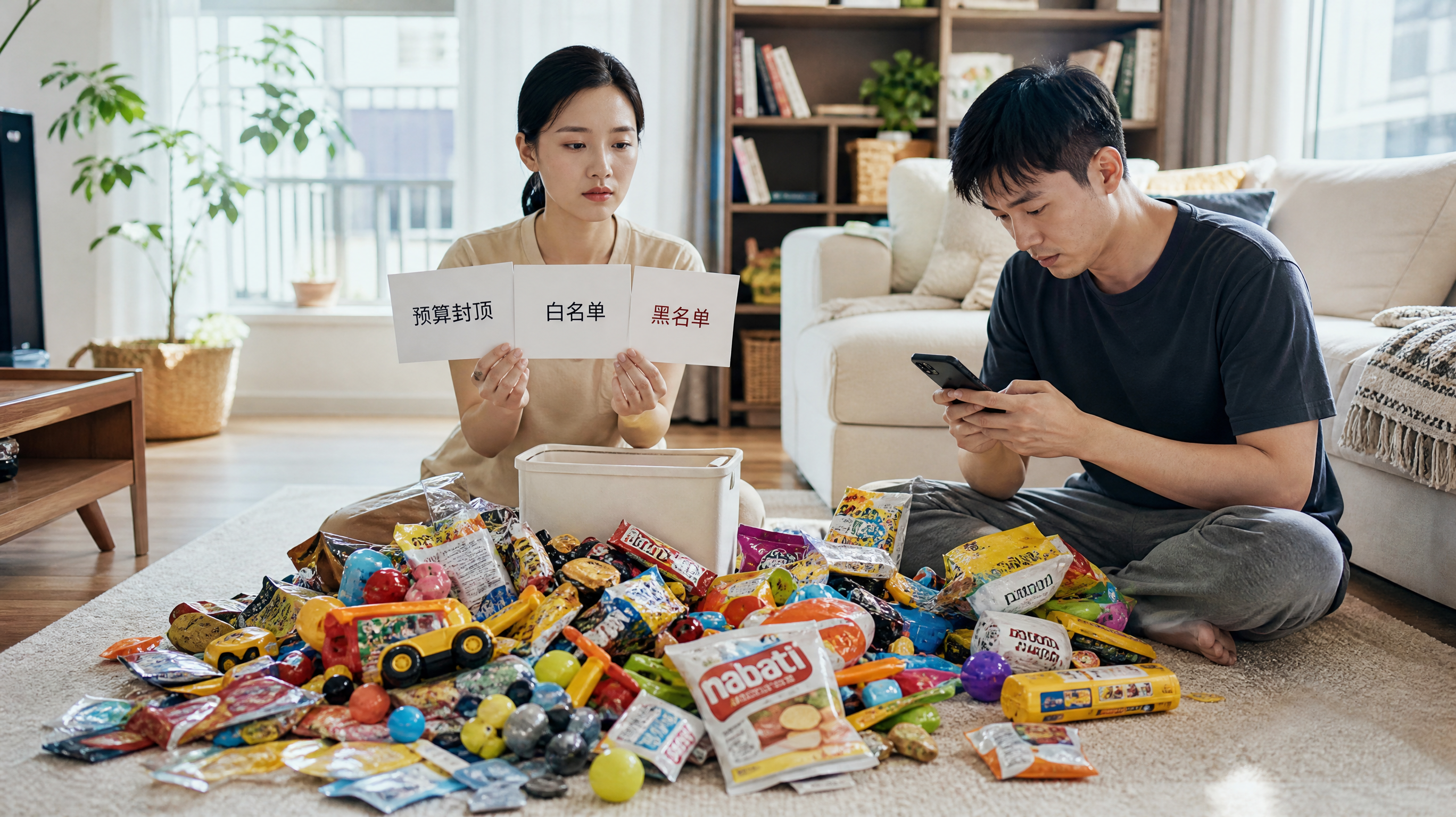 中国年轻妈妈站在明亮整洁的家庭客厅里，地毯上堆着一堆廉价塑料玩具和糖果包装，妈妈表情克制冷静，手里拿