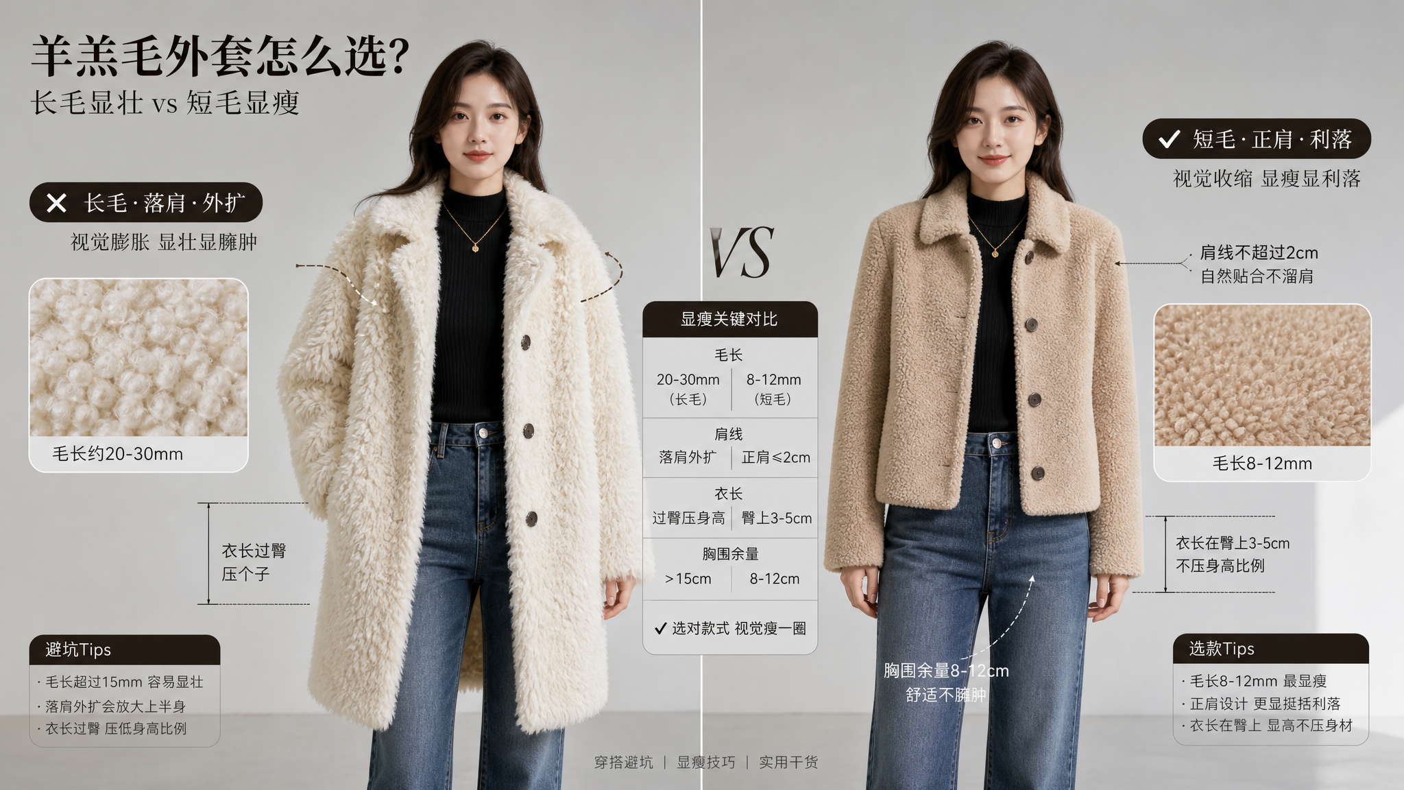 杂志测评风对比图海报，一位中国年轻女性站立正面展示两件羊羔毛外套的上身对比（左侧为长毛落肩外扩显壮，