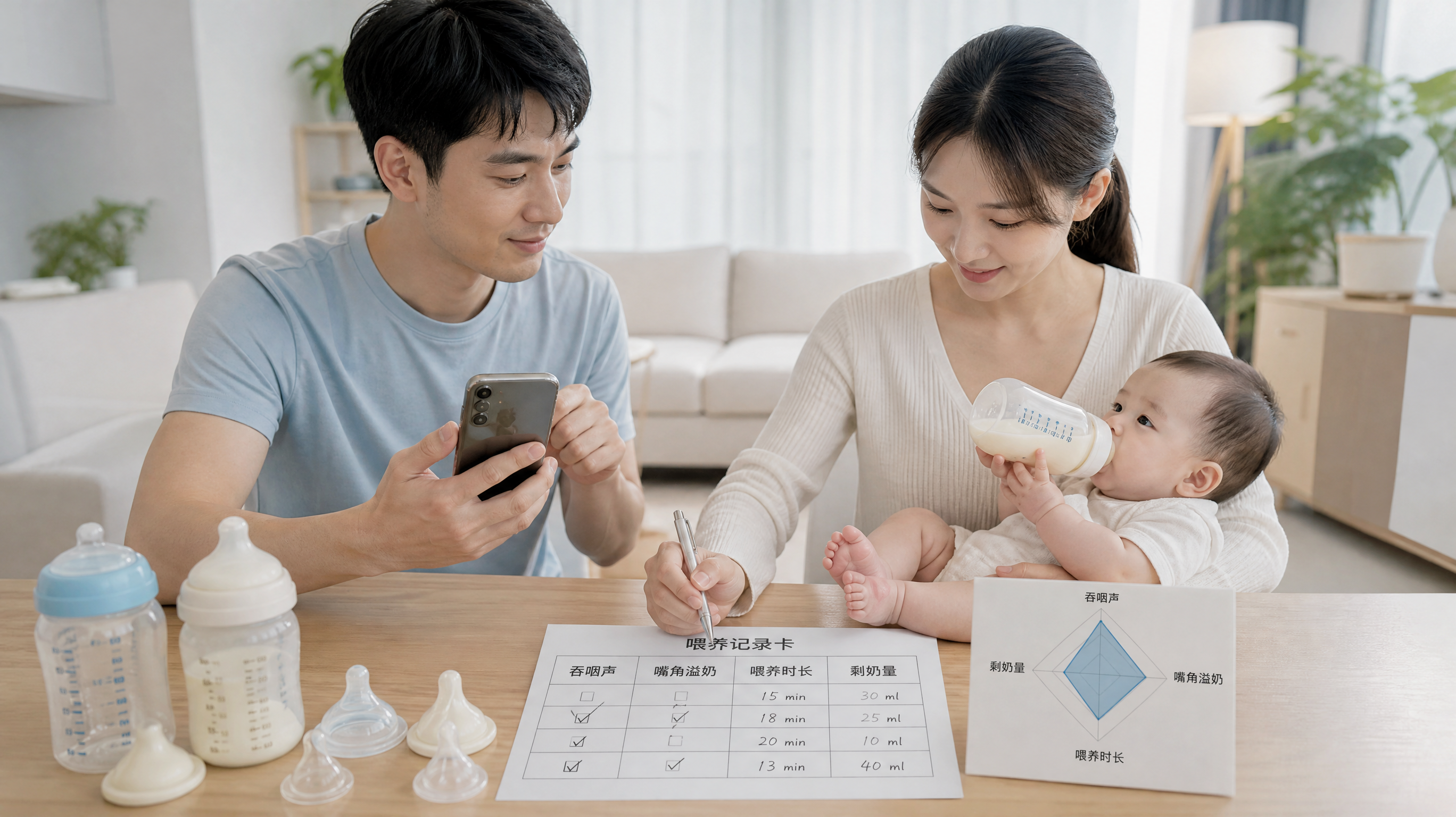中国年轻父母在家中明亮整洁的餐桌旁记录宝宝喂奶数据，桌面放着奶瓶与不同型号奶嘴，旁边有一张“吞咽声、