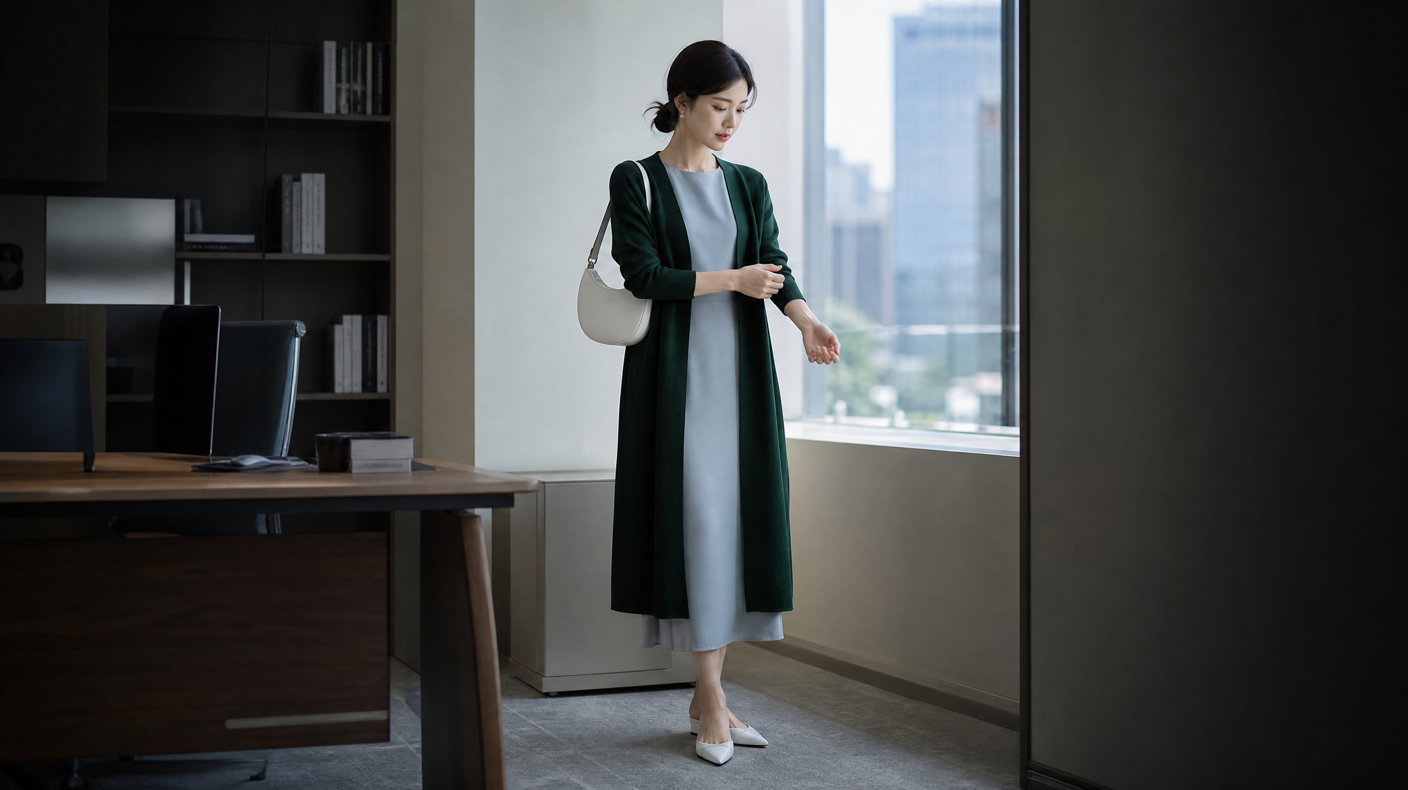 中国年轻职场女性,在现代办公室靠窗自然光环境中站立,穿深墨绿色过膝长开衫(开衫两侧形成明显纵向线条)