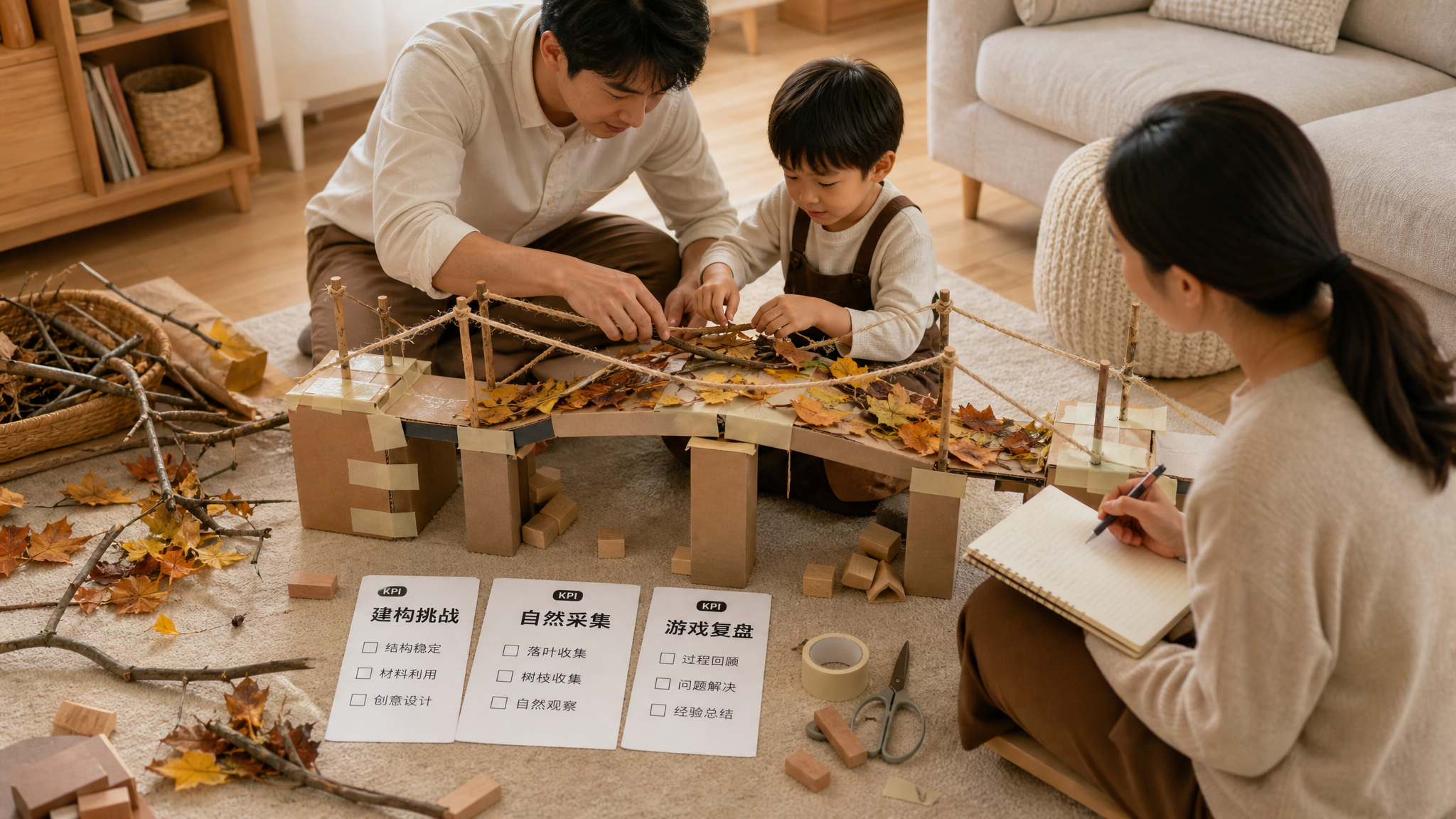 中国年轻爸爸和中国学龄前孩子在家中客厅地毯上一起搭建“秋日桥梁”手工作品，核心主体为用纸箱、胶带、积