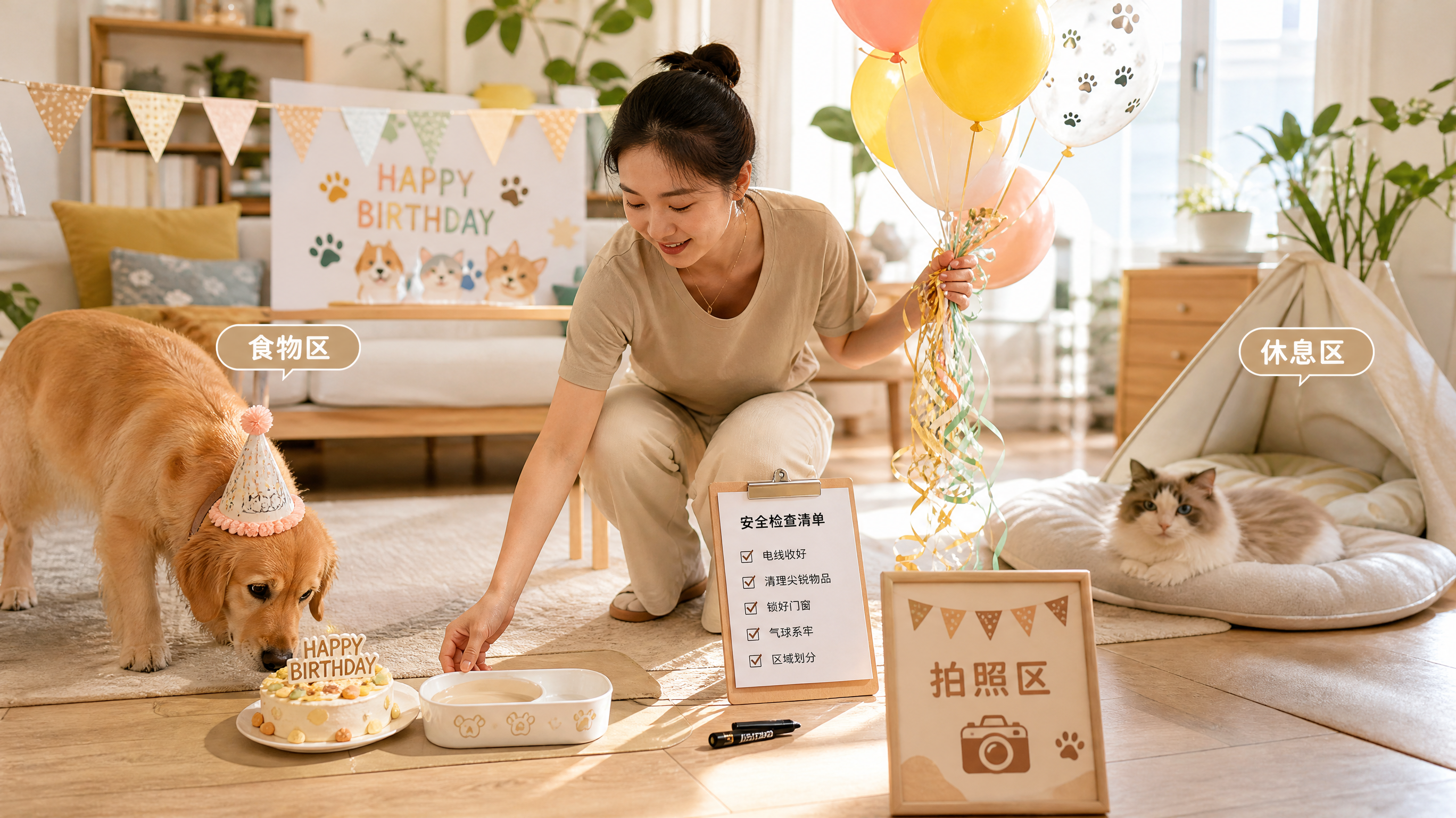 中国年轻主人在温馨明亮的室内客厅为两只宠物准备小型生日派对,主人蹲在地上认真检查场地安全并整理清单,