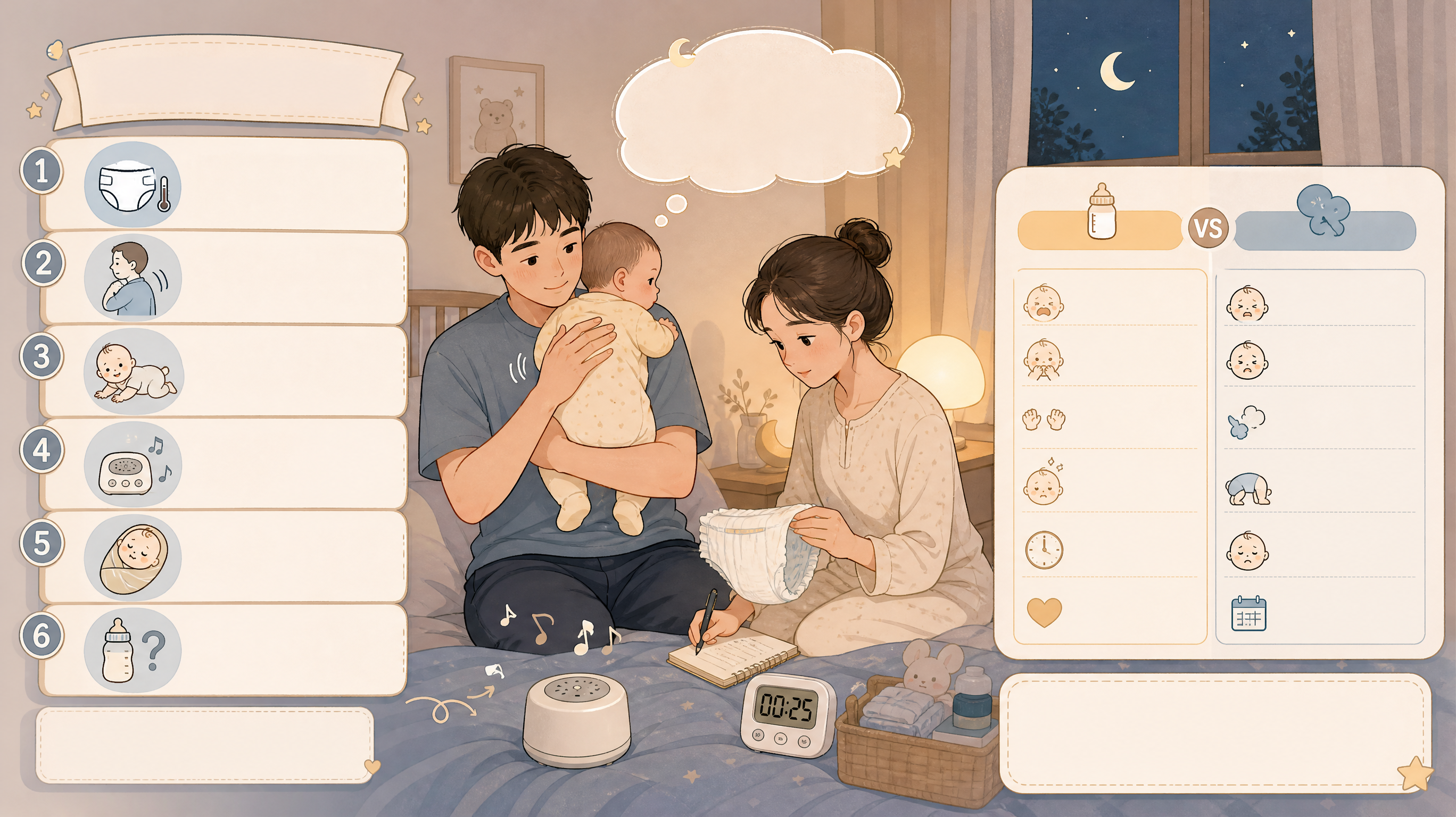 中国年轻父母在夜晚卧室照看婴儿的生活场景插画风信息图,画面左侧是“夜间安抚阶梯”六步图标(尿布体温检