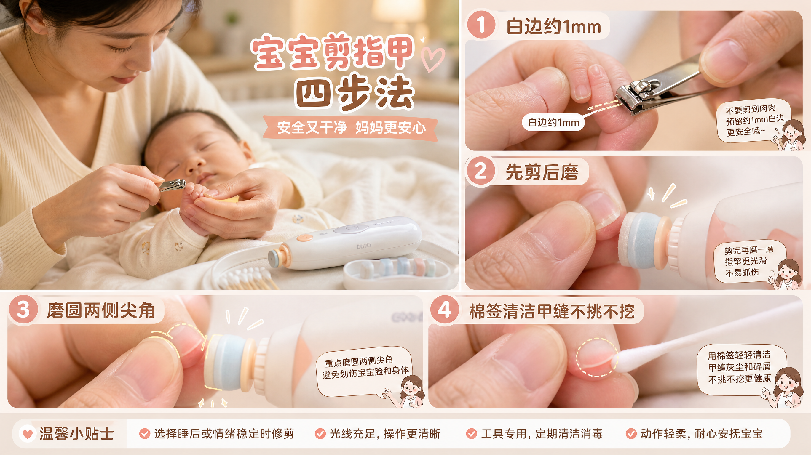 温馨明亮的家庭卧室场景，中国年轻妈妈在宝宝熟睡时为0-1岁中国婴儿修剪指甲，妈妈一手托住宝宝小手指，